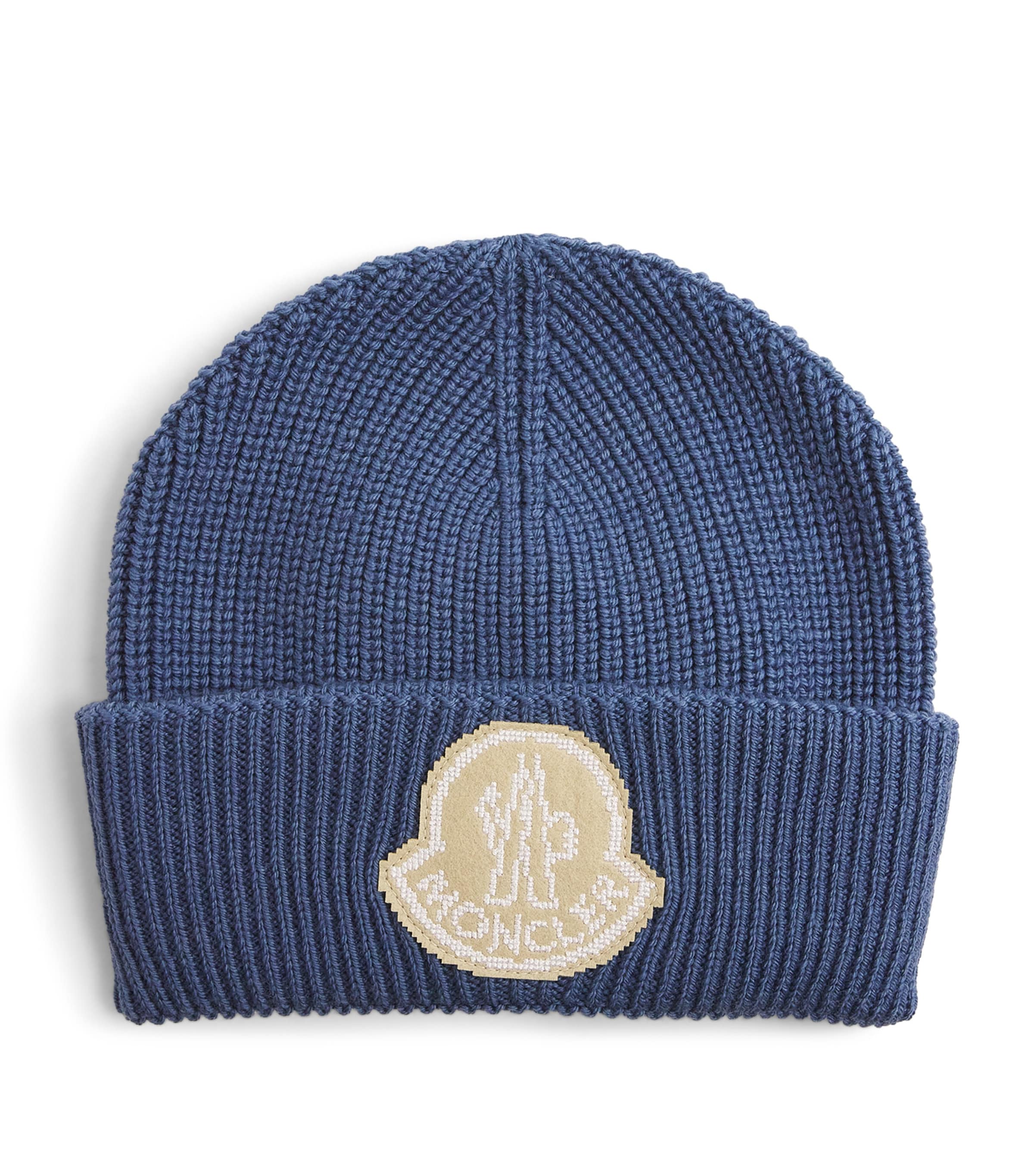 Shop Moncler Wool Ribbed Logo Beanie In Blue