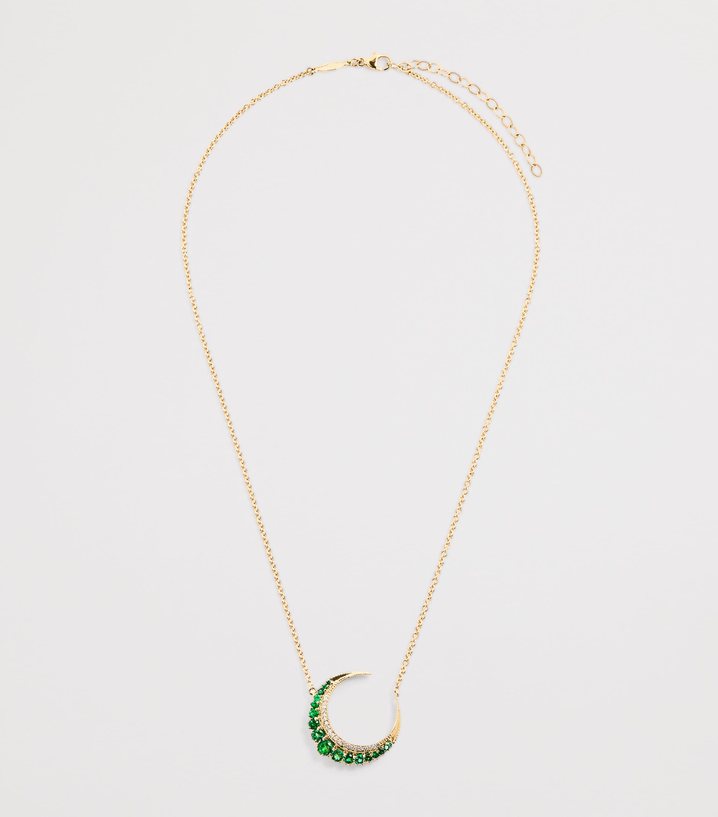 Small Yellow Gold, Diamond and Emerald Crescent Moon Necklace YELLOW GOLD Image 3