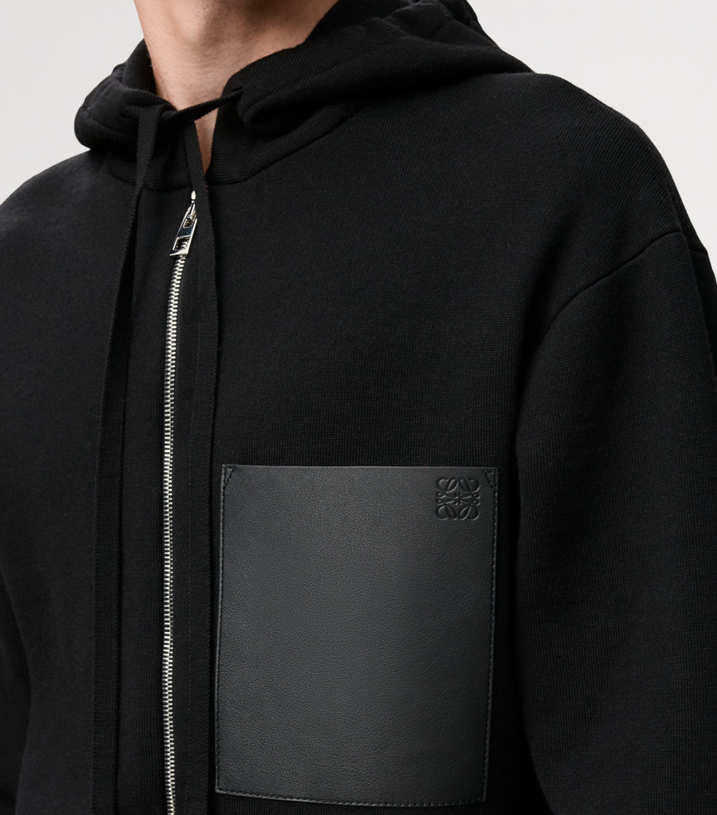 Wool-Blend Leather-Pocket Hoodie BLACK Image 5