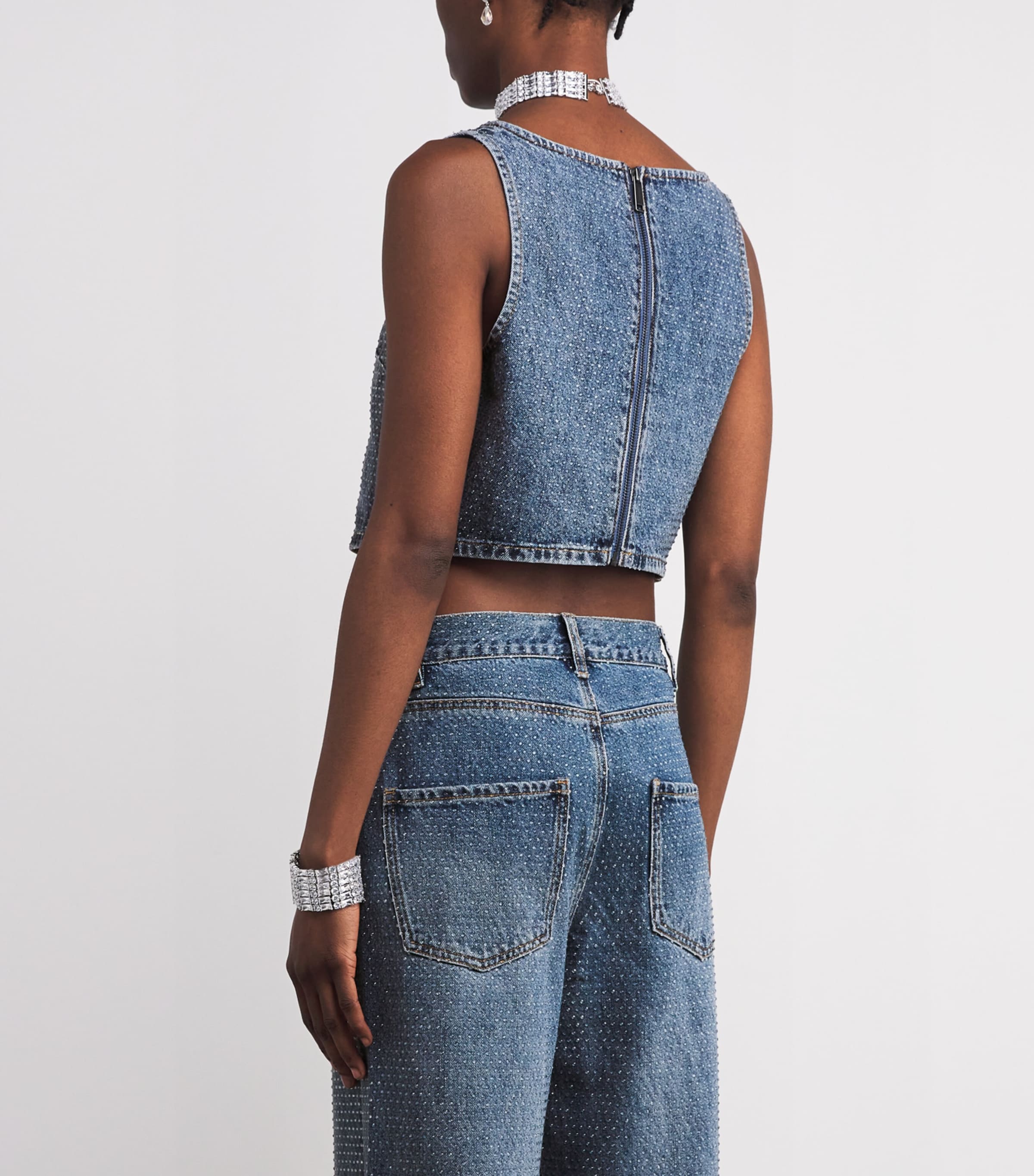 Denim Rhinestone-Embellished Crop Top BLUE Image 4