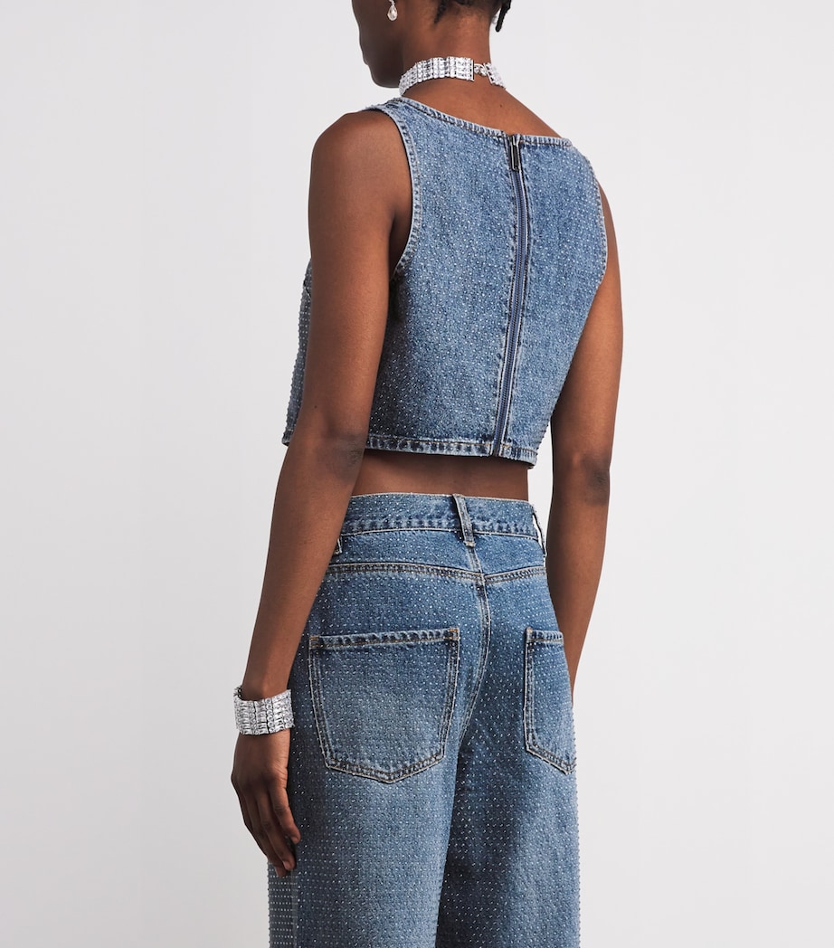 Denim Rhinestone-Embellished Crop Top BLUE Image 4