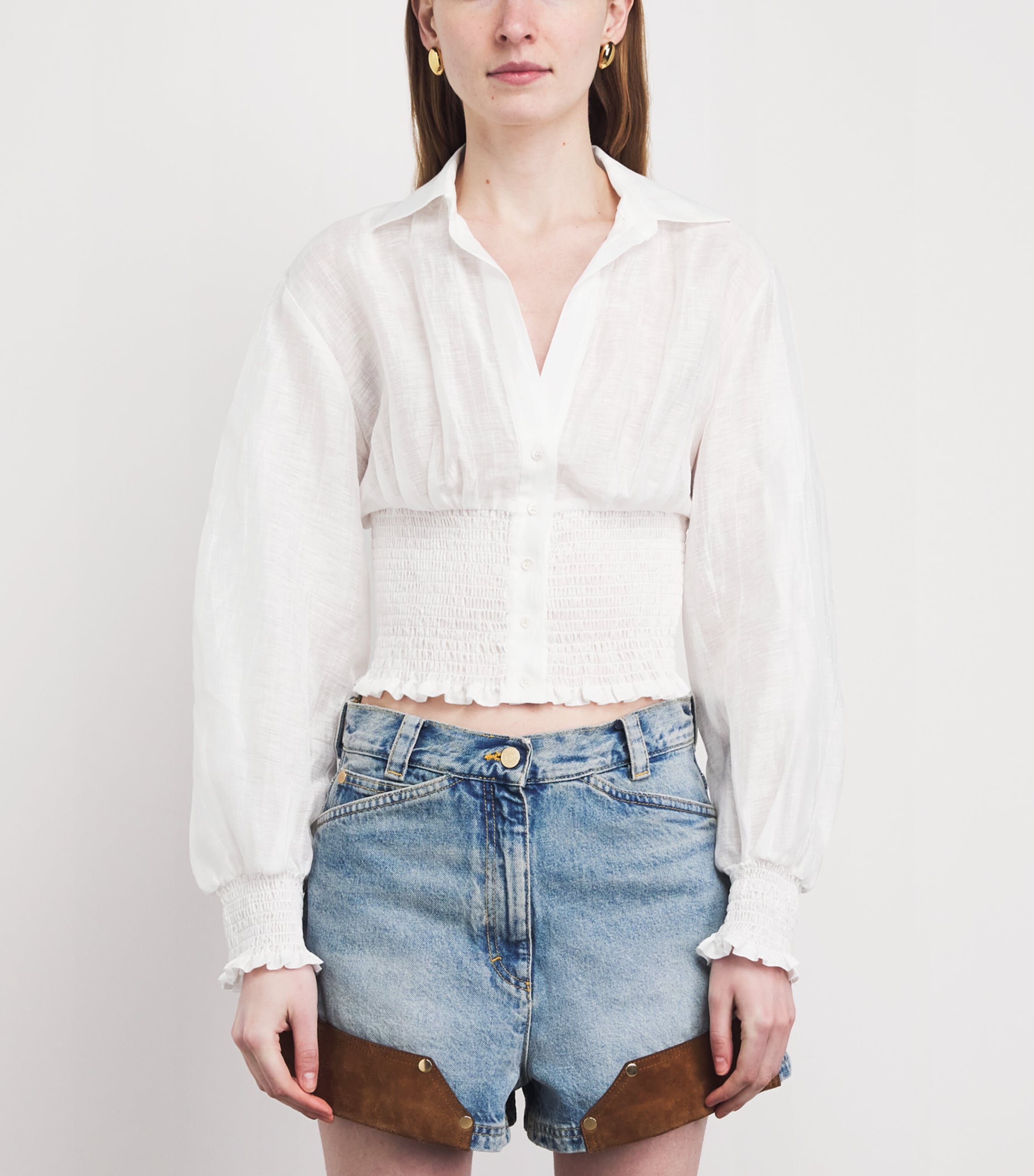 Sandro Paris Womens Linen-Blend Smocked Shirt White Image 4
