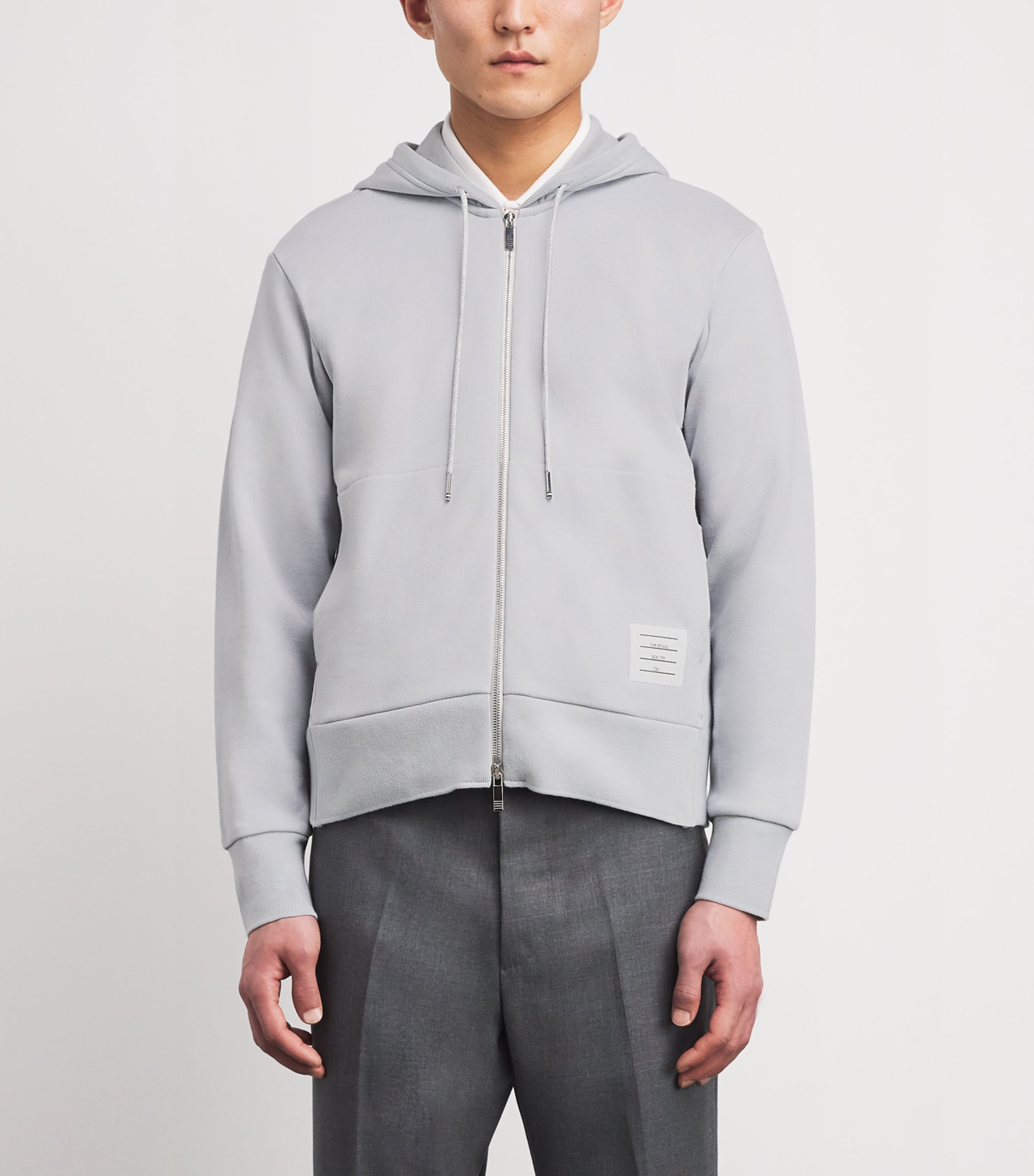 THOM BROWNE ZIP HOODIE ライトグレー ジップアップパーカー Thom Browne Grey Cotton 4-Bar Zip-Up Hoodie | Harrods US