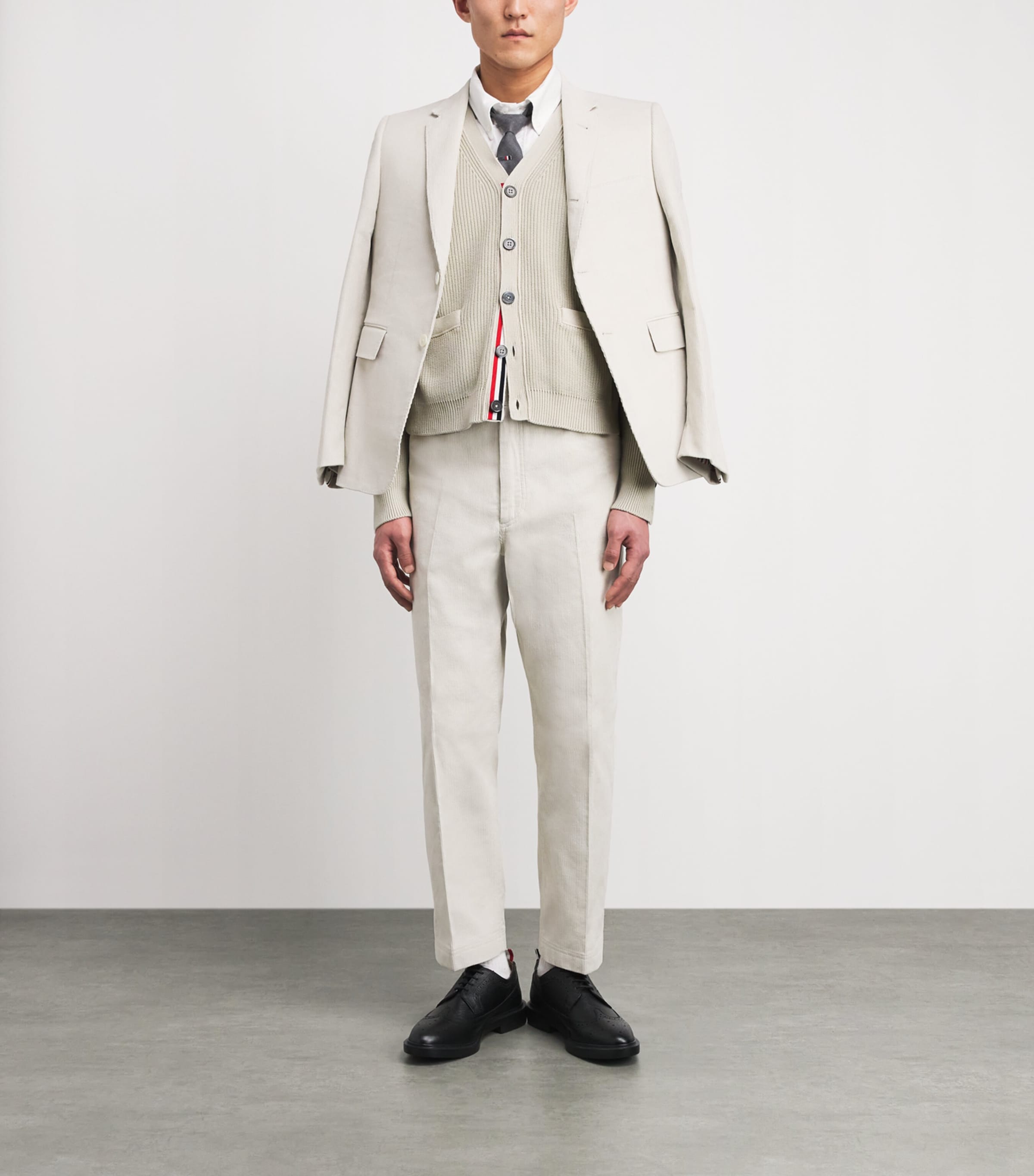 Thom Browne Mens Cotton 4-Bar Cardigan Beige Image 2