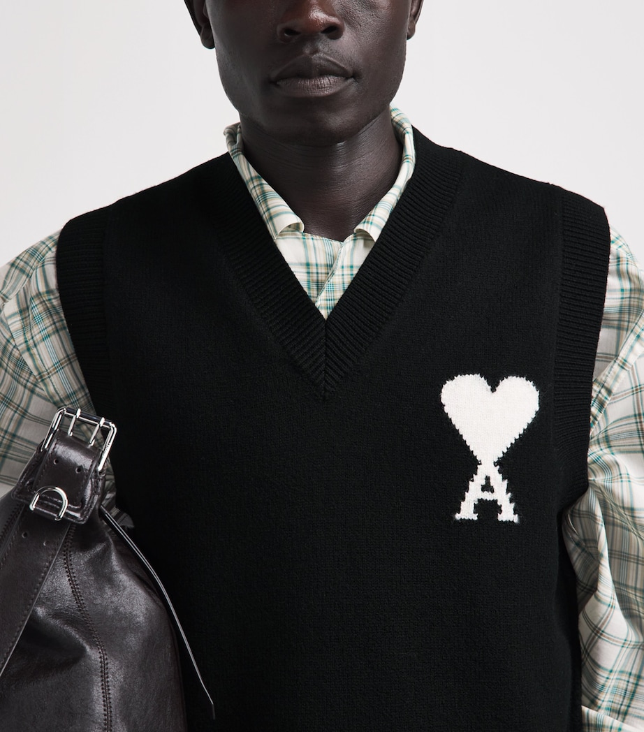 AMI Paris Mens Wool Logo Sweater Vest Noir/ecru Image 3