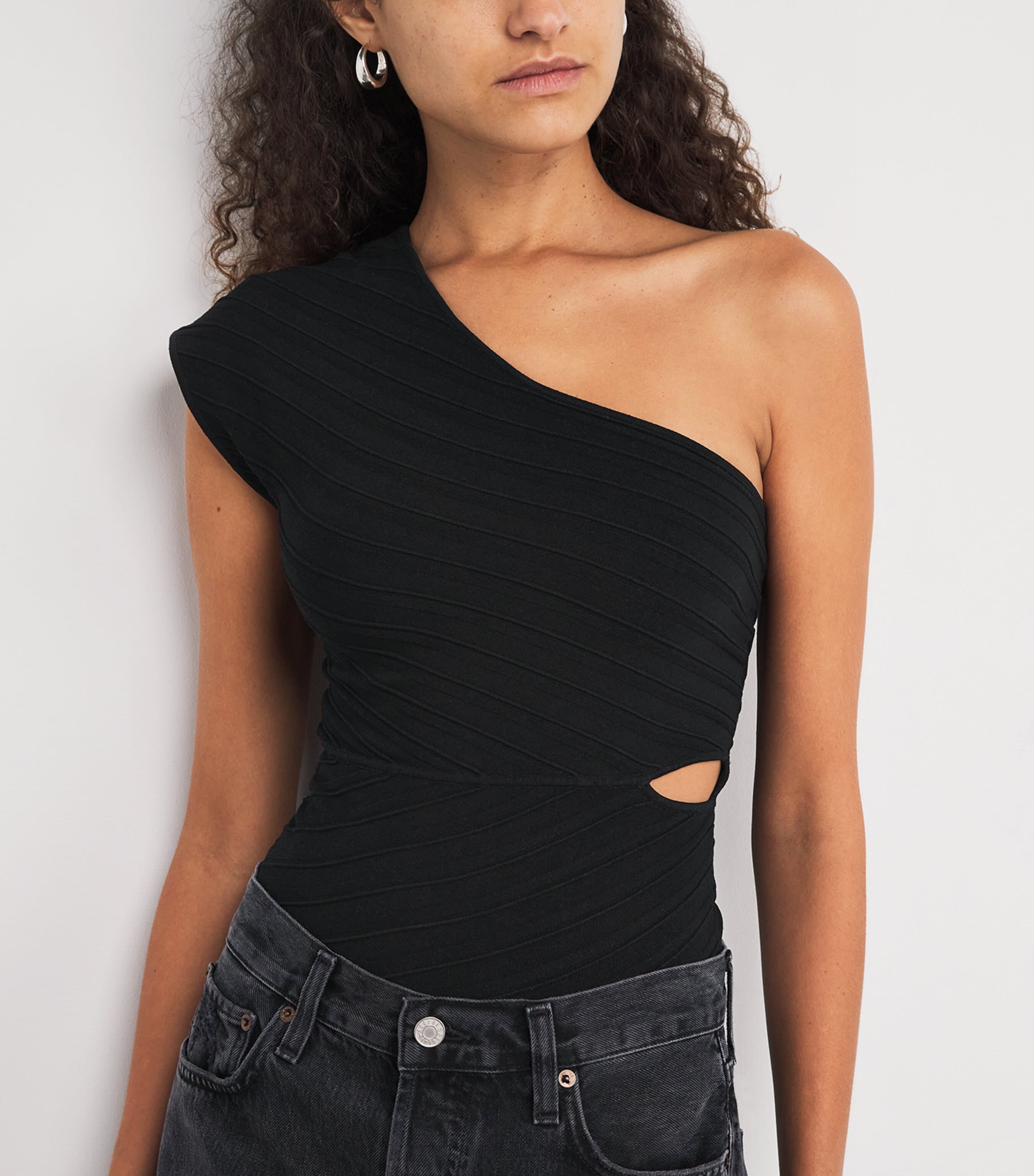 Rib-Knit Asymmetric Bodysuit BLACK Image 6