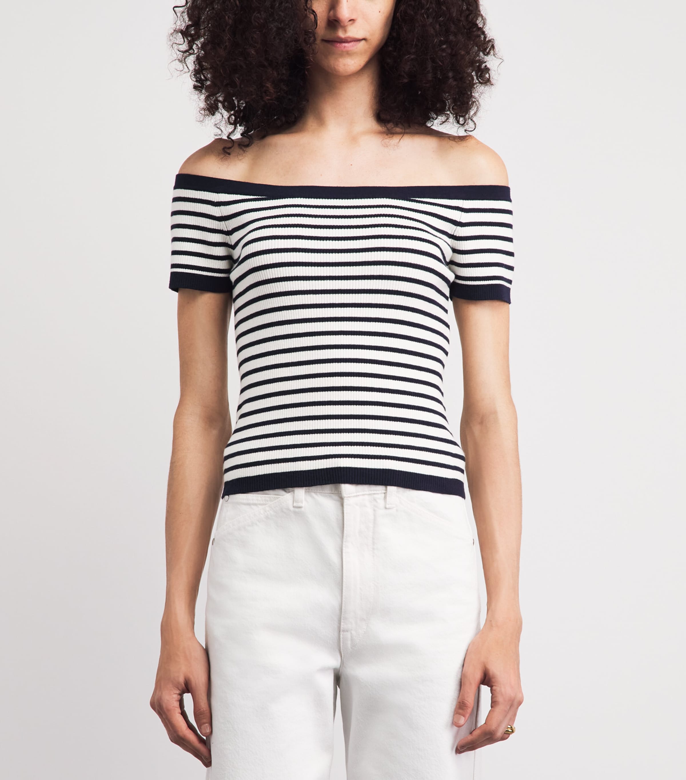 Maje Womens Knitted Off-The-Shoulder Top Navy / Ecru Image 4