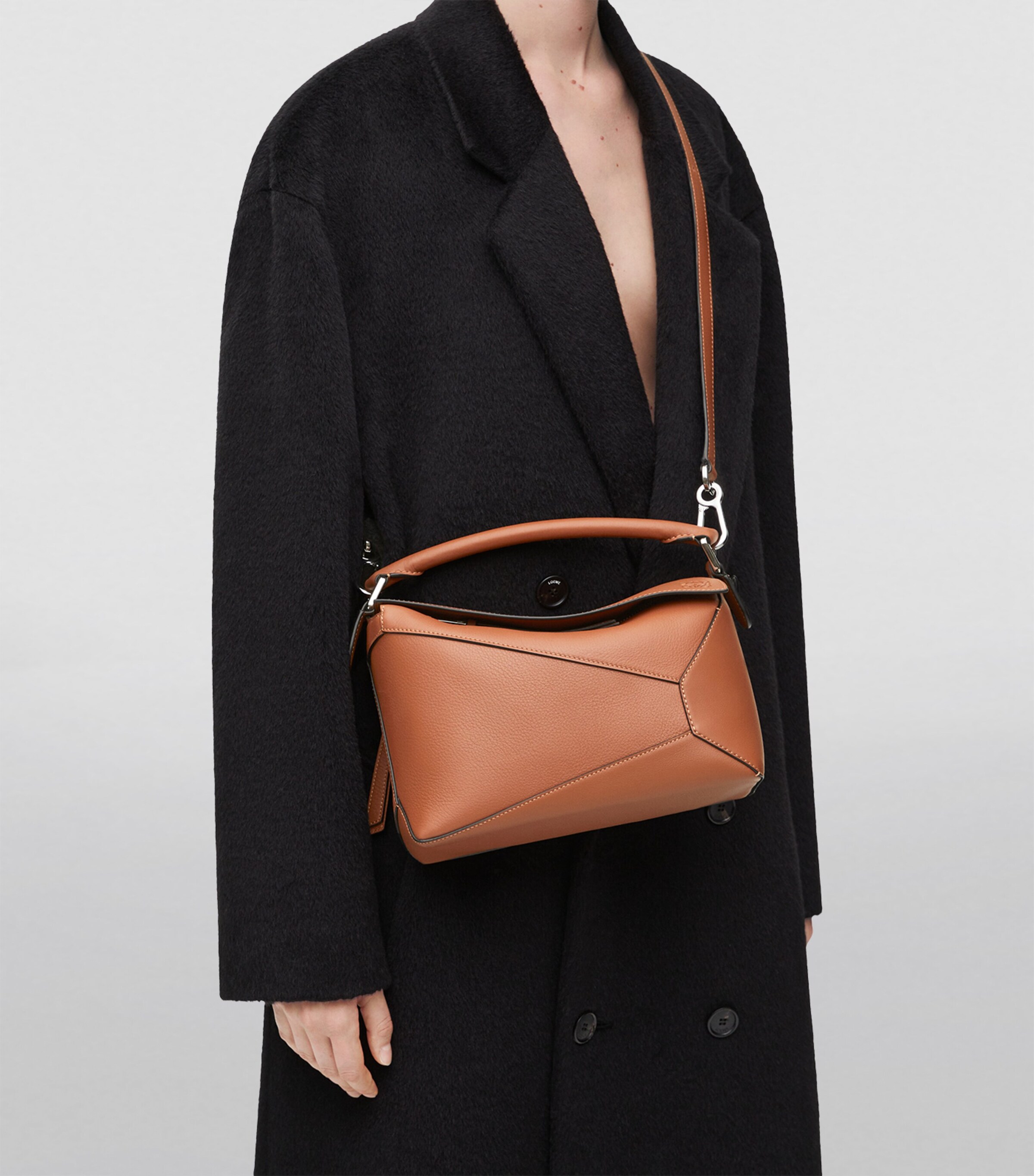 Small Leather Puzzle Edge Top-Handle Bag TAN Image 8