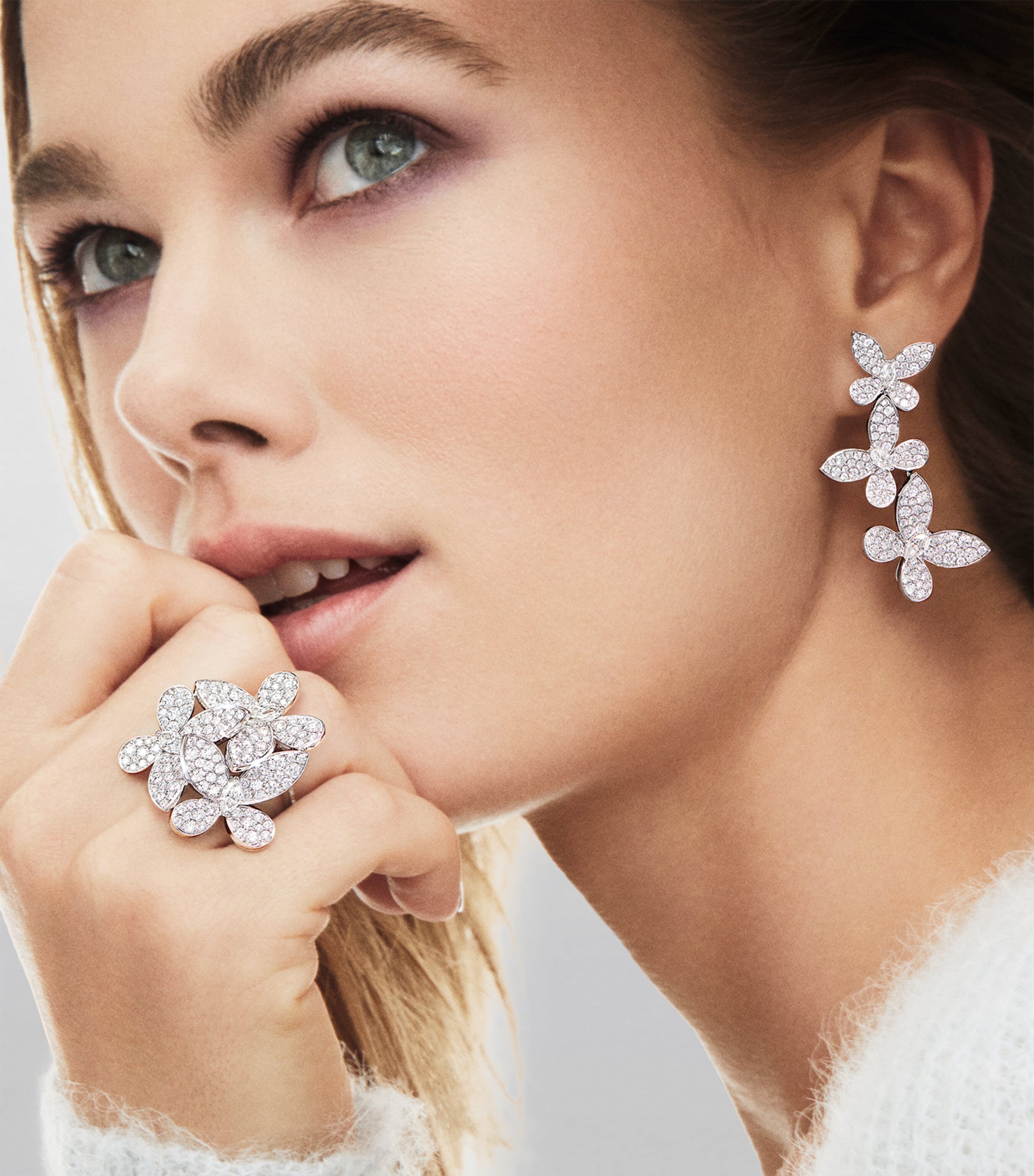 White Gold and Diamond Triple Pavé Butterfly Drop Earrings WHITE GOLD Image 2