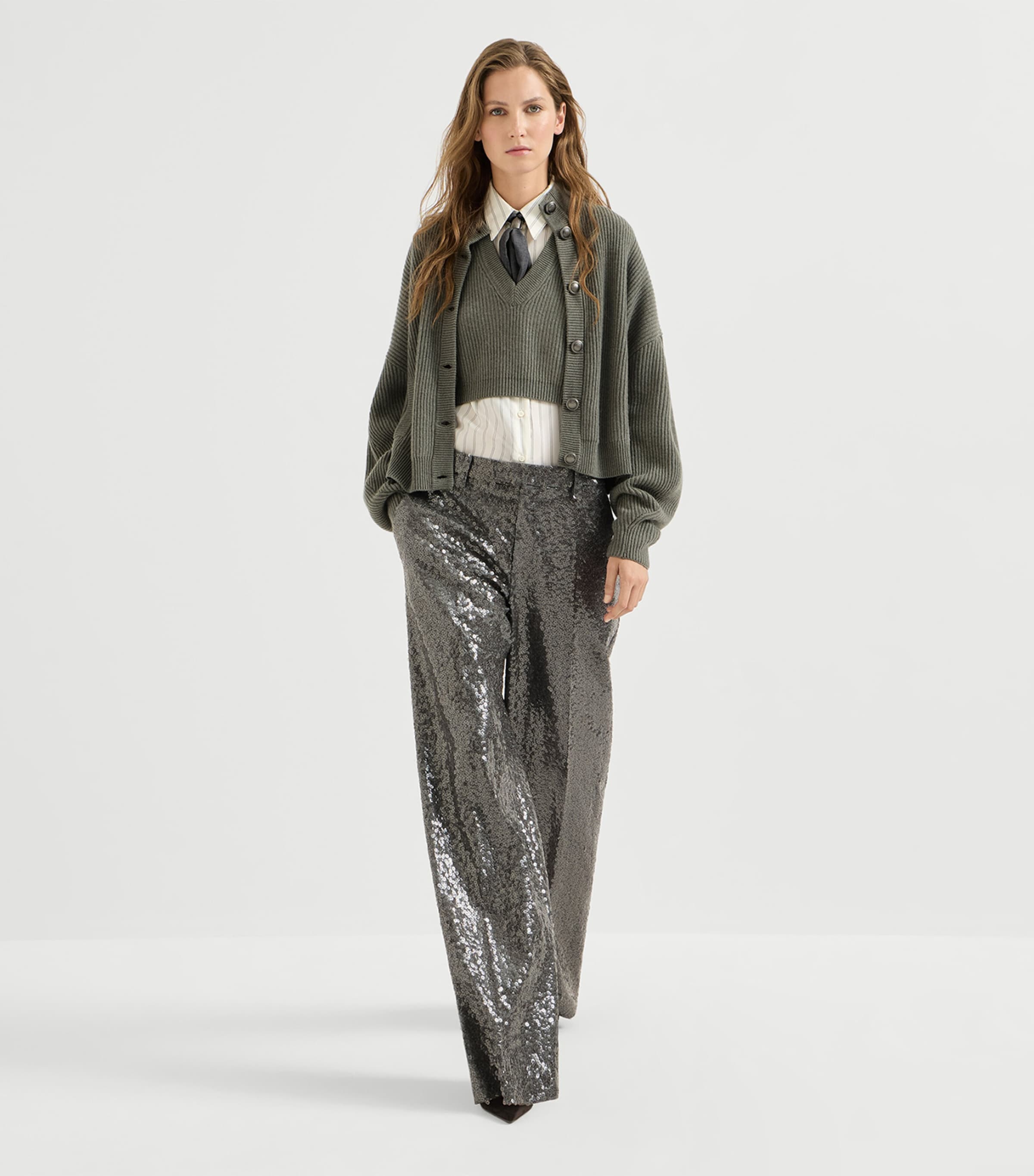 Brunello Cucinelli Womens Virgin Wool Sequin Wide-Leg Trousers Image 4