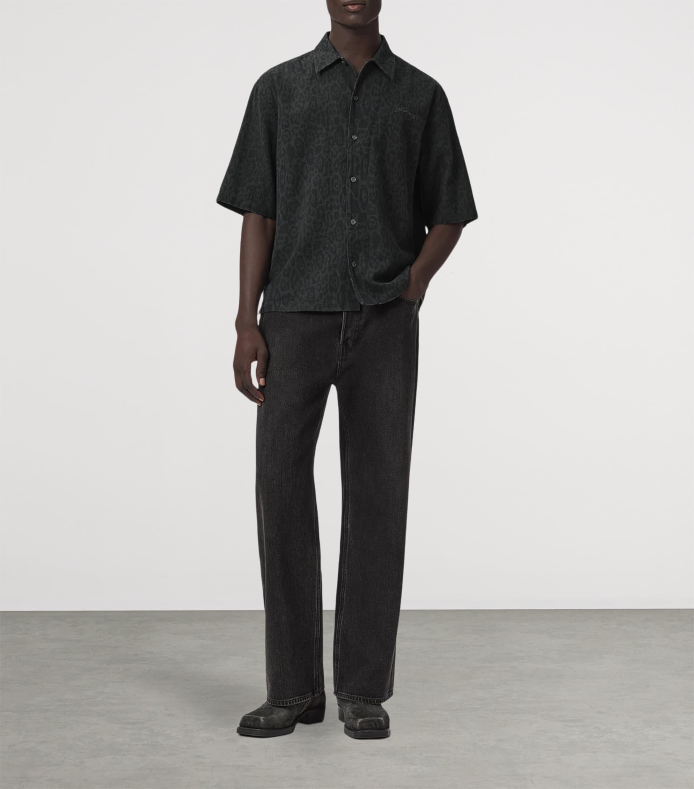 AllSaints Mens Organic Cotton-Linen Leopardo Shirt Iron Black Image 2