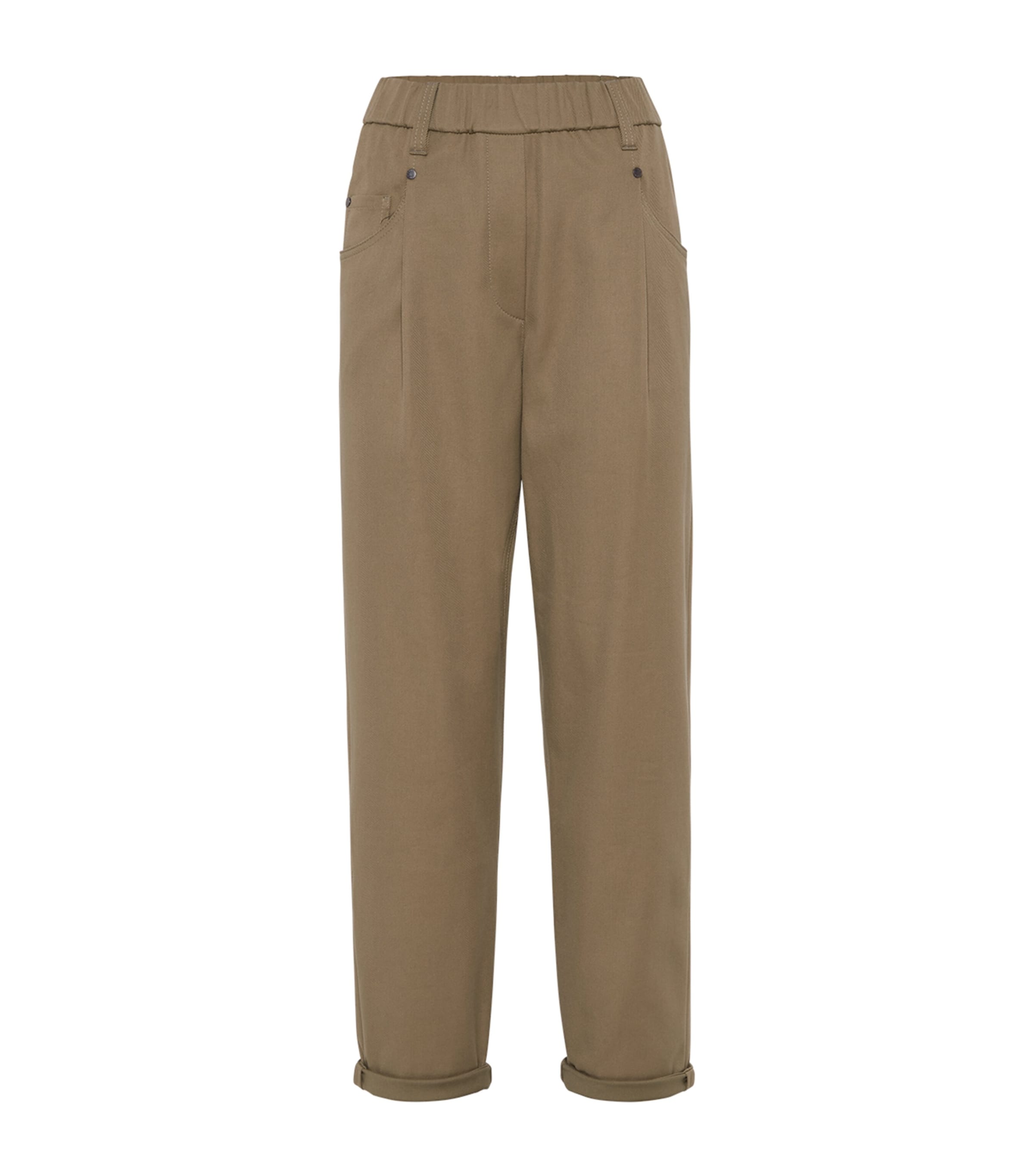 Brunello Cucinelli Stretch Cotton Cover Elasticated-waist Trousers In Brown