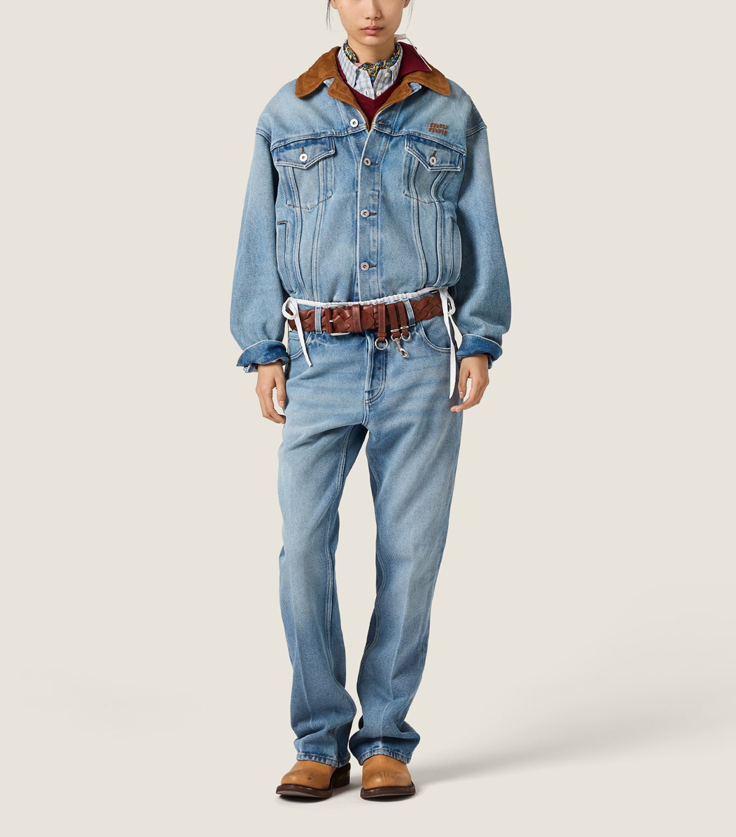 Miu Miu Womens Denim and Suede Jacket Light Blue Image 2
