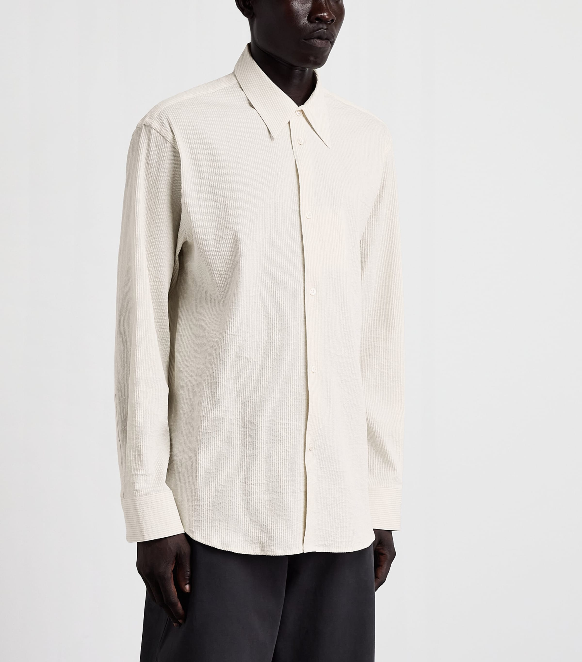 Studio Nicholson Mens Cotton-Linen Seersucker Stripe Shirt Parchment / Blk Strp Image 4