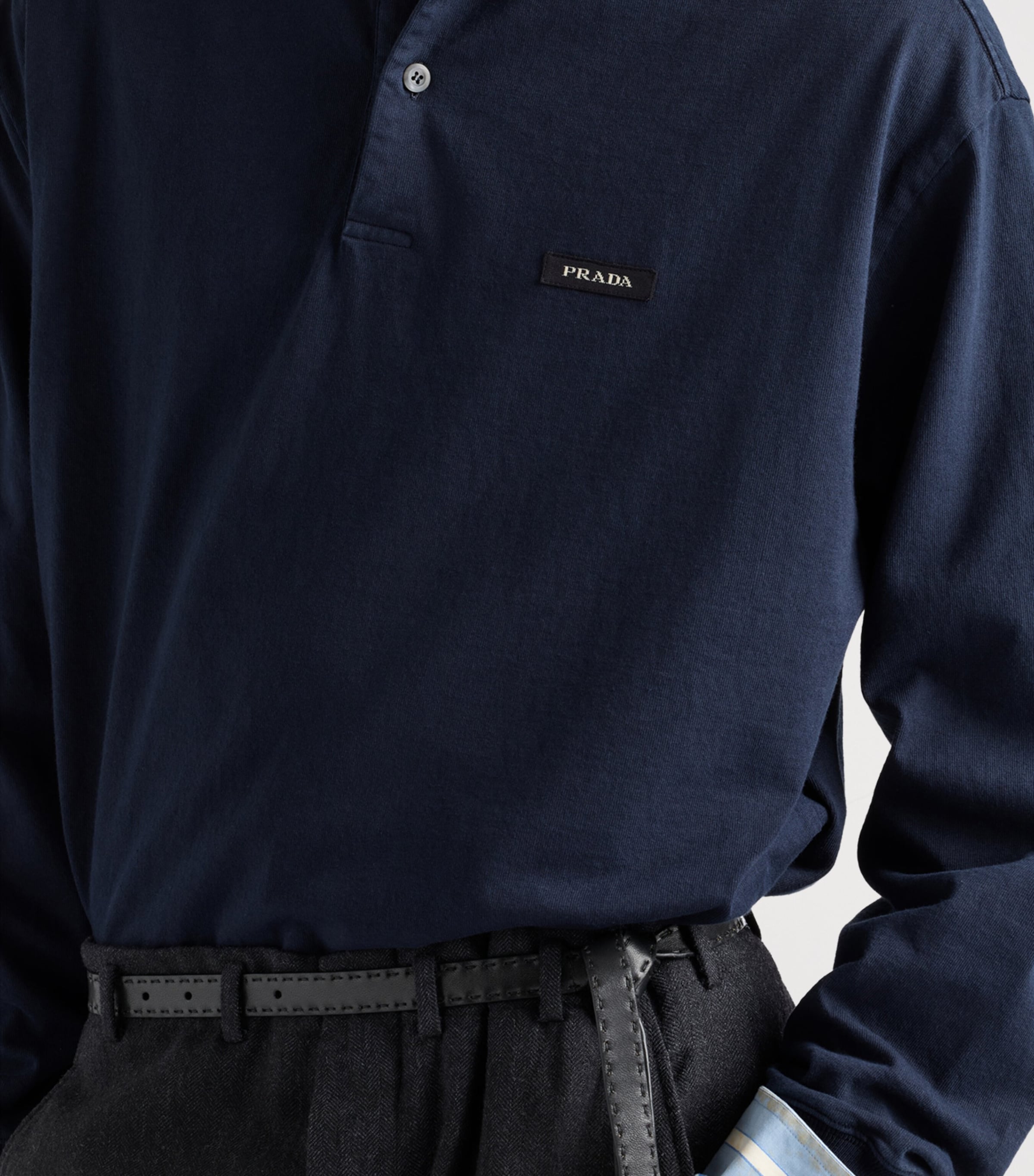 Prada Mens Cotton Long-Sleeve Polo Shirt Blue Image 6