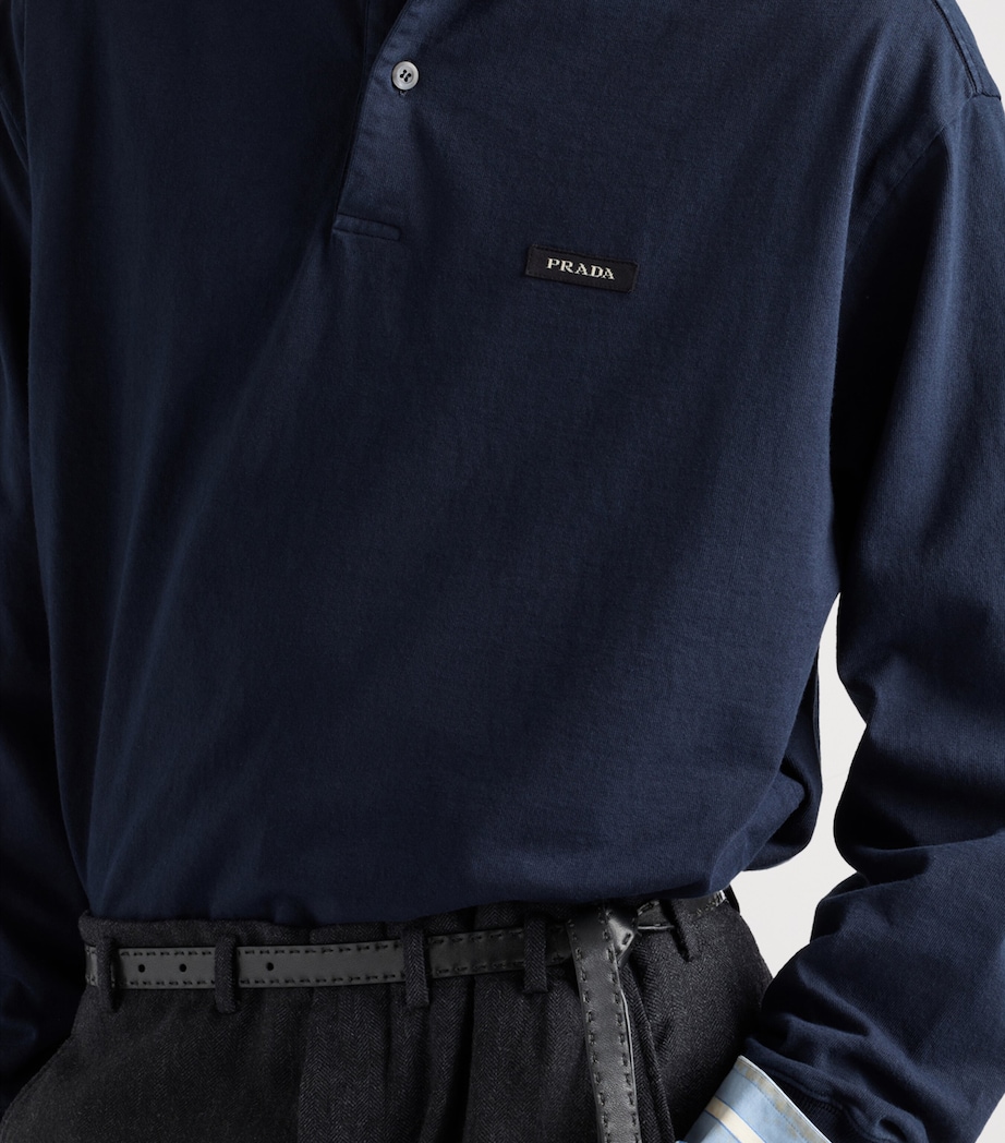 Prada Mens Cotton Long-Sleeve Polo Shirt Blue Image 6