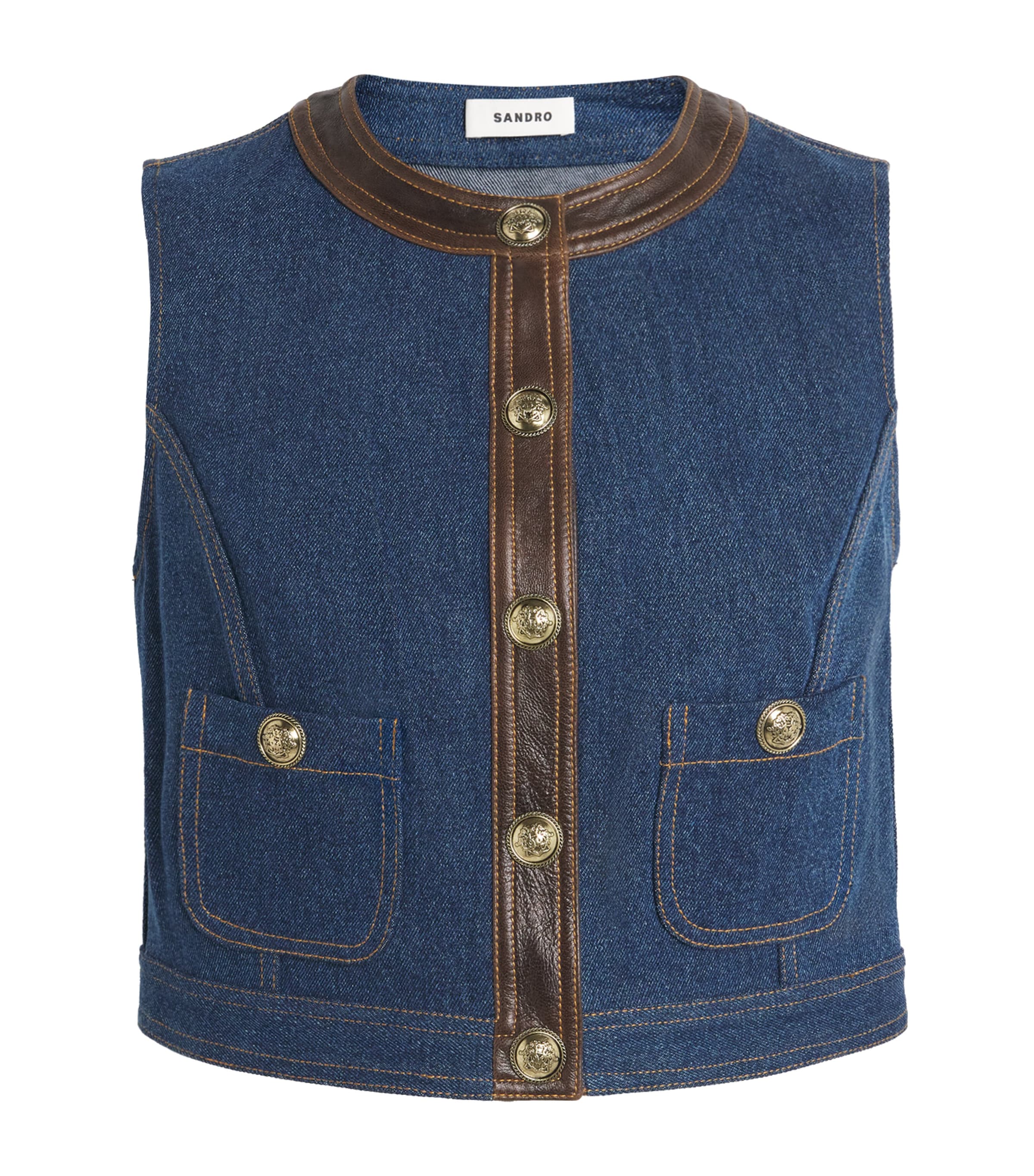 Sandro Cropped Denim Waistcoat In Blue