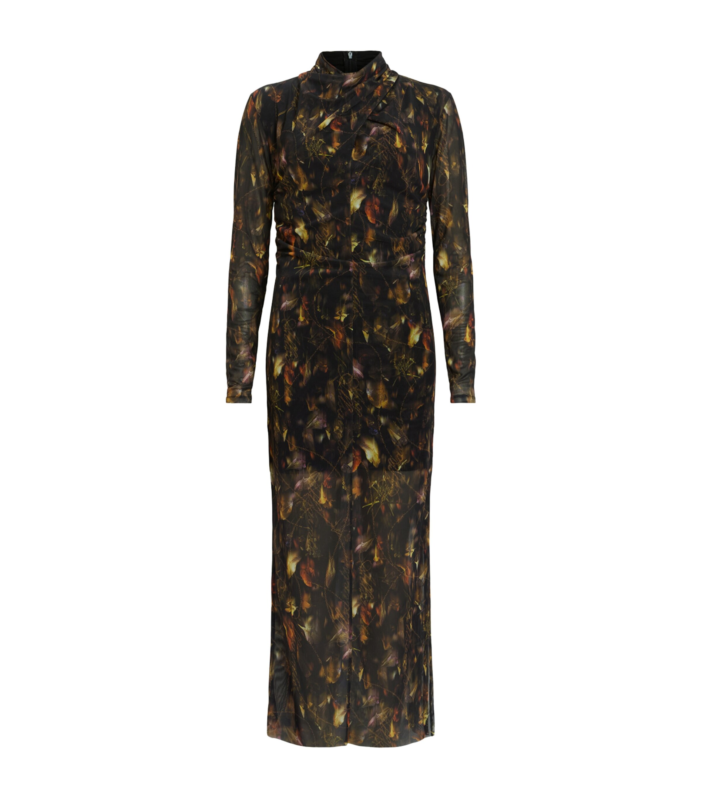 Allsaints Womens Kateri Hazel B Tia Graphic-print Long-sleeve Stretch-mesh Midi Dress In Brown