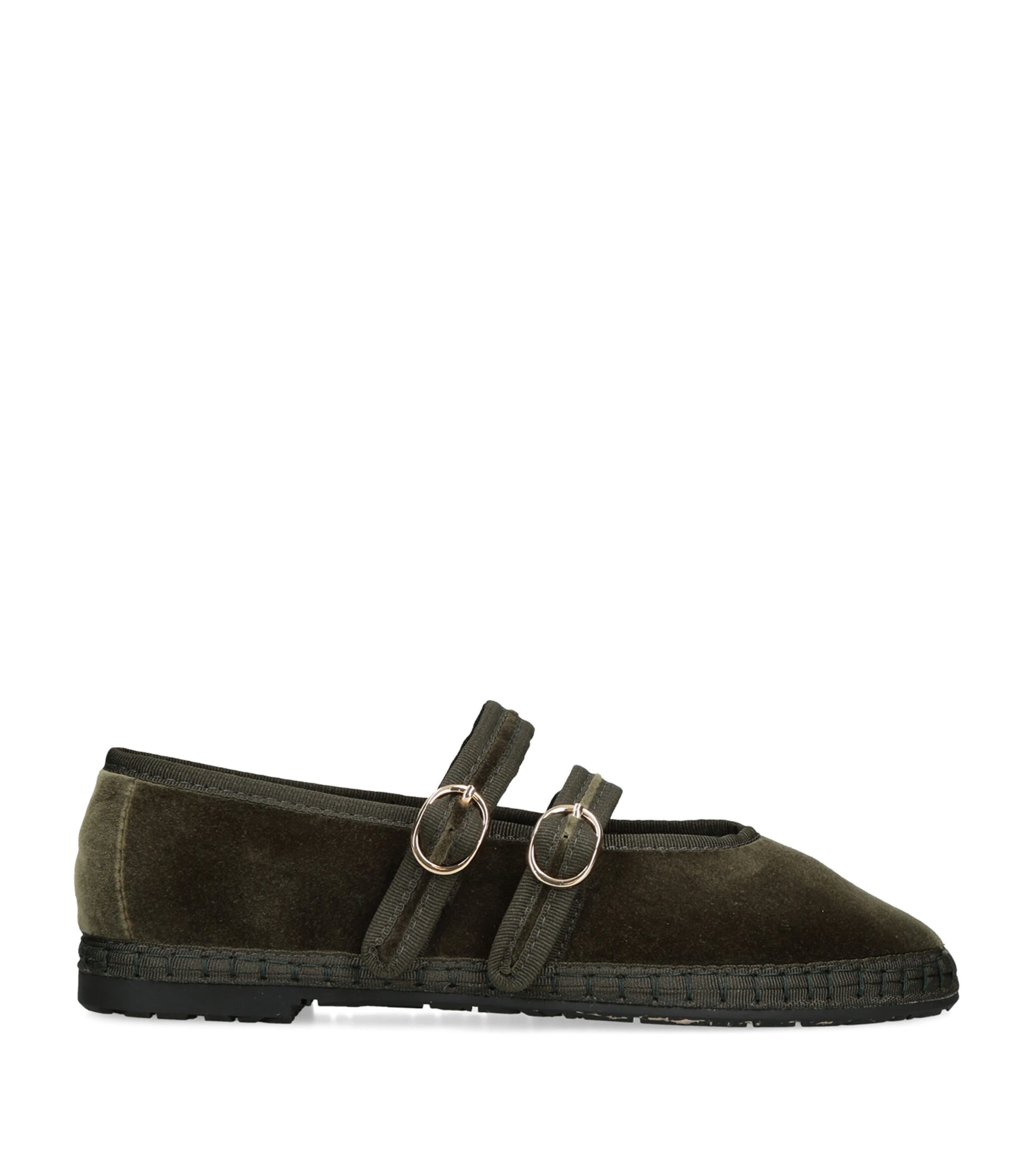 Flabelus Velvet Claire Mary Jane Flats Dark Green Image 1