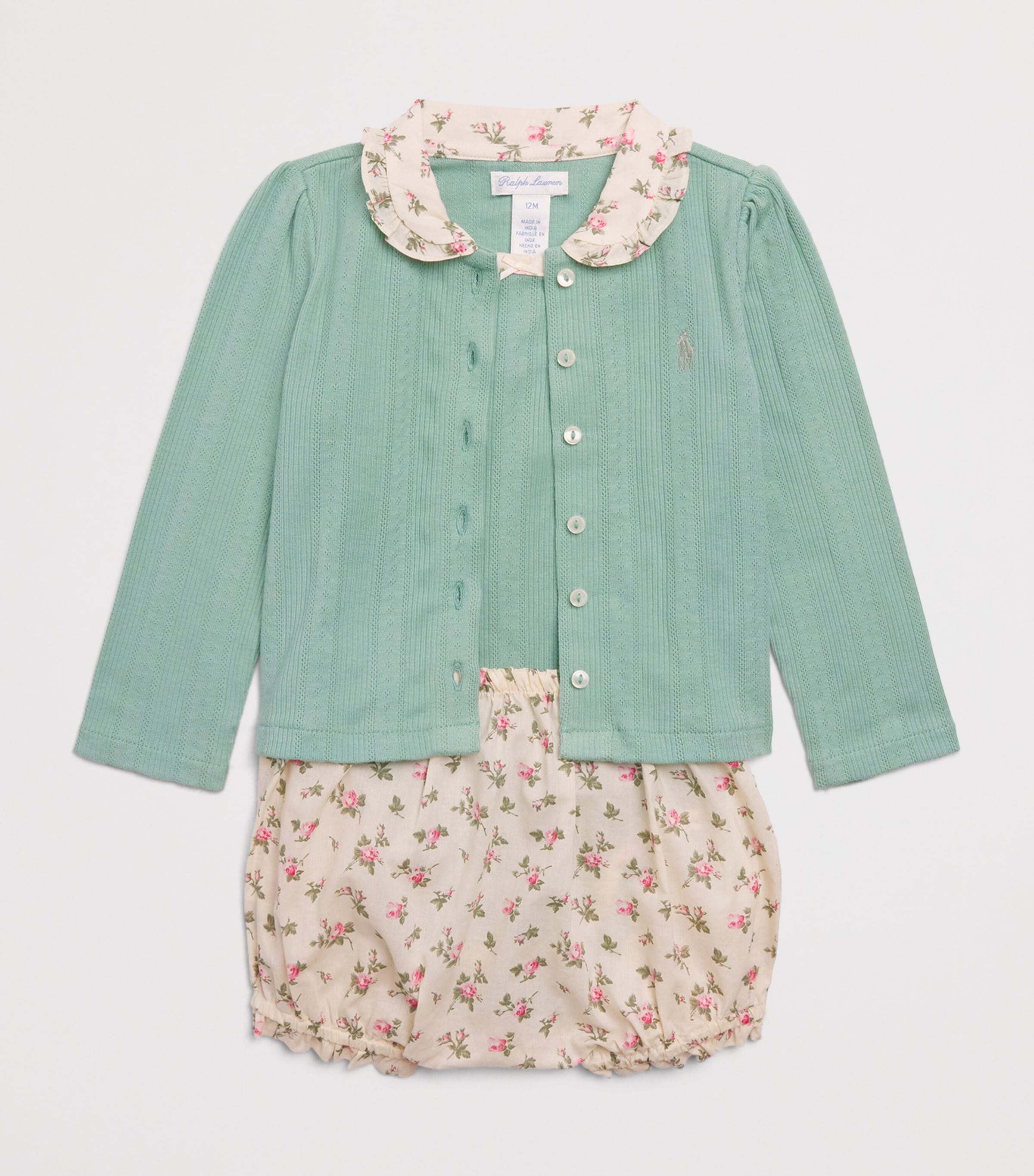 Ralph Lauren Kids Floral Cardigan, Bodysuit and Bloomers Set (3-24 Months) Faded Mint Image 3