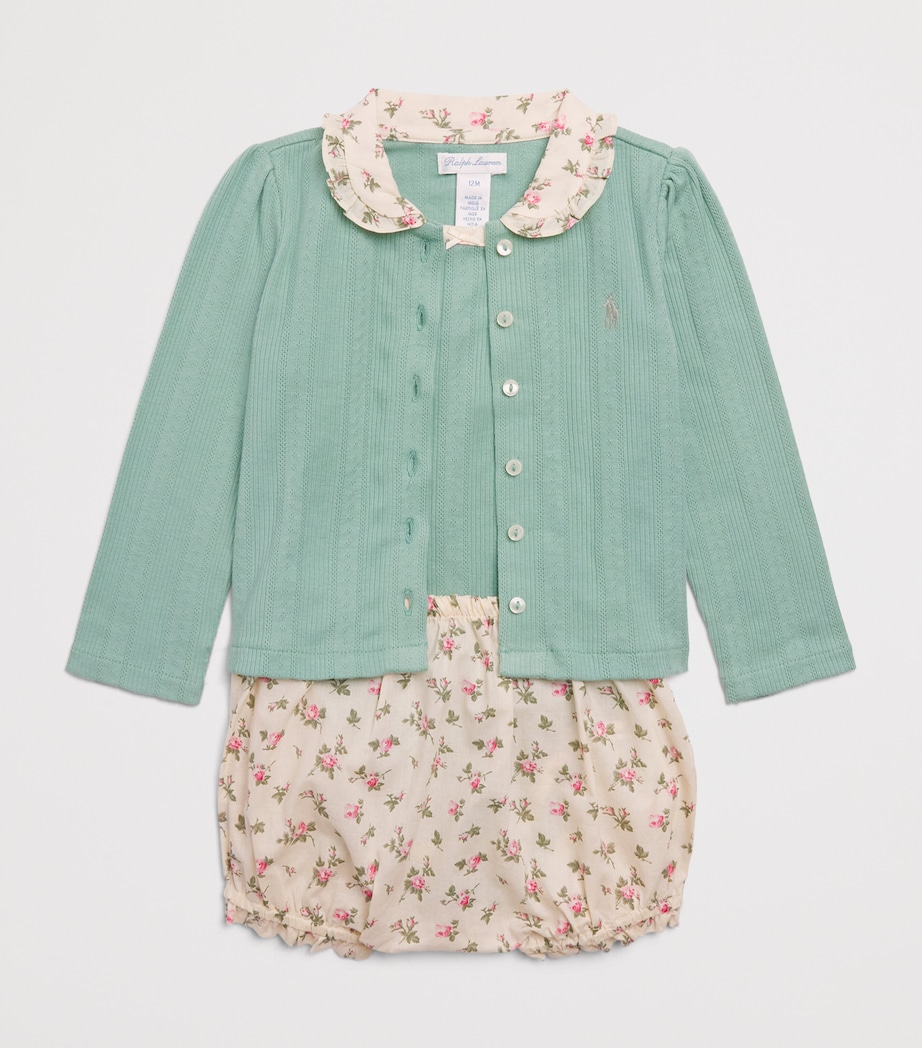 Ralph Lauren Kids Floral Cardigan, Bodysuit and Bloomers Set (3-24 Months) Faded Mint Image 3