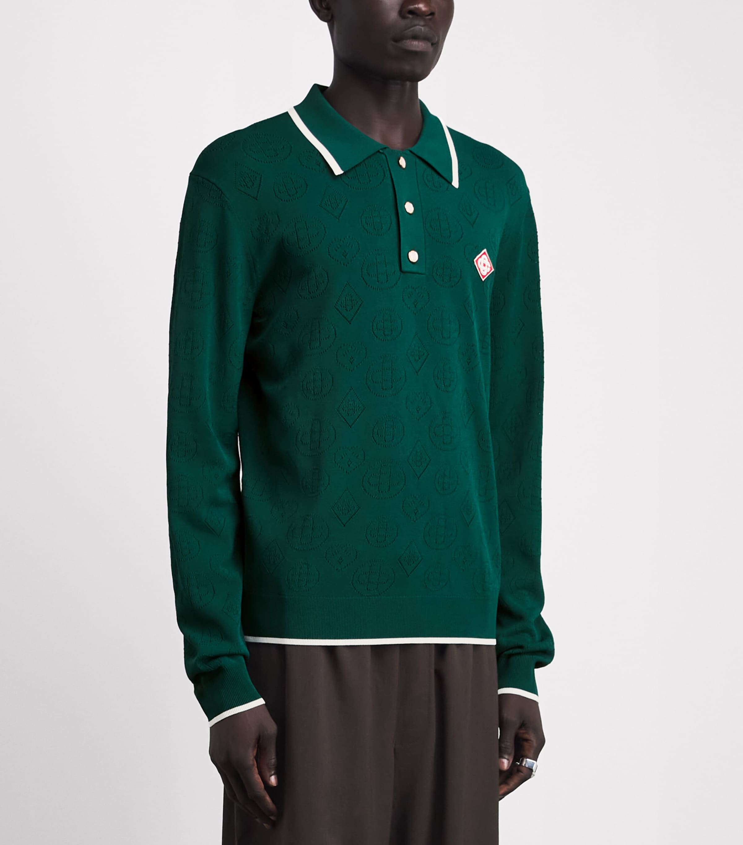 Casablanca Mens Pointelle-Knit Polo Shirt Green Image 4
