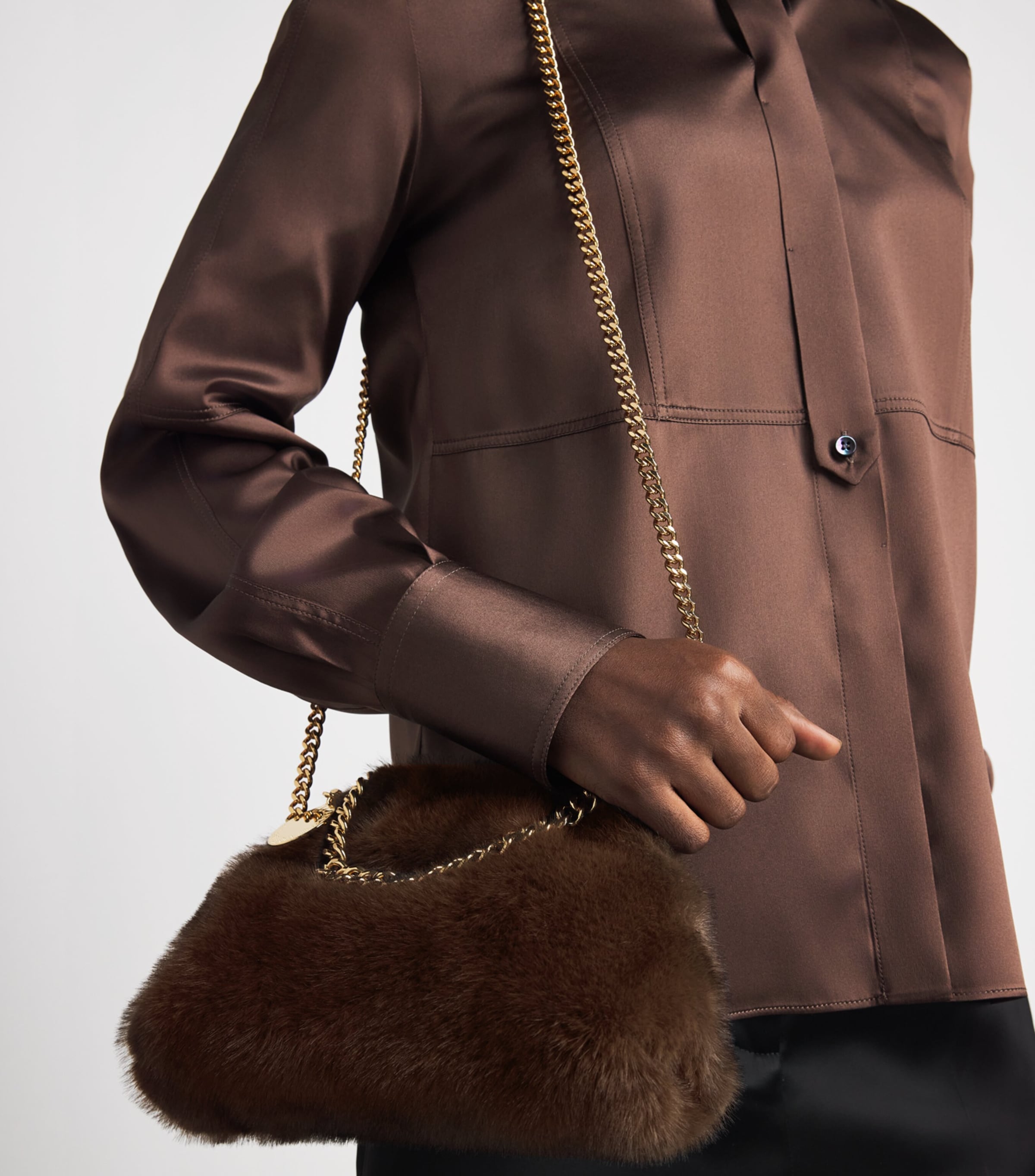 Stella McCartney Brown Mini Faux Fur Falabella Tote Bag | Harrods US
