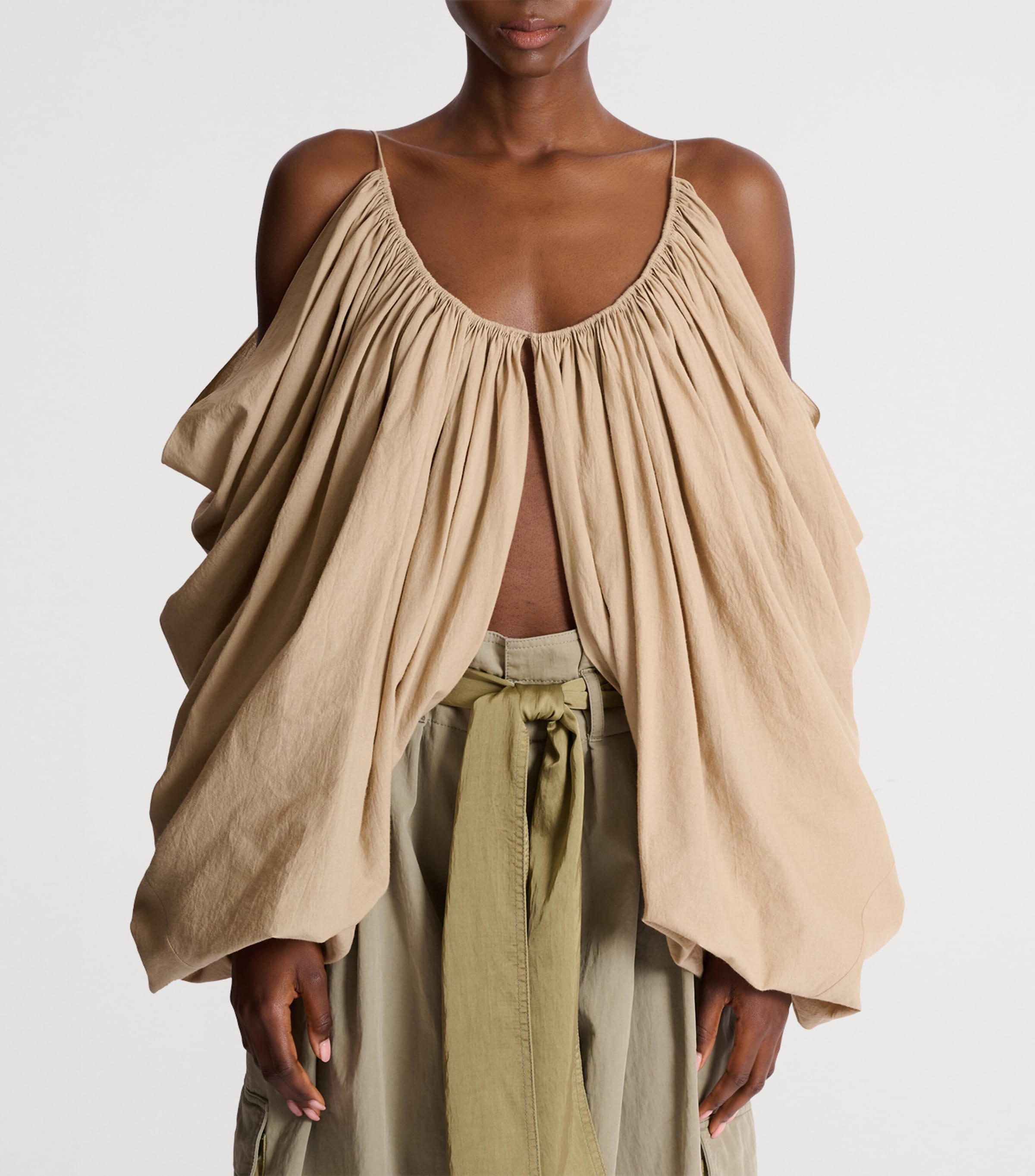 Balmain Womens Cotton Strappy Blouse Beige Foncé Image 2