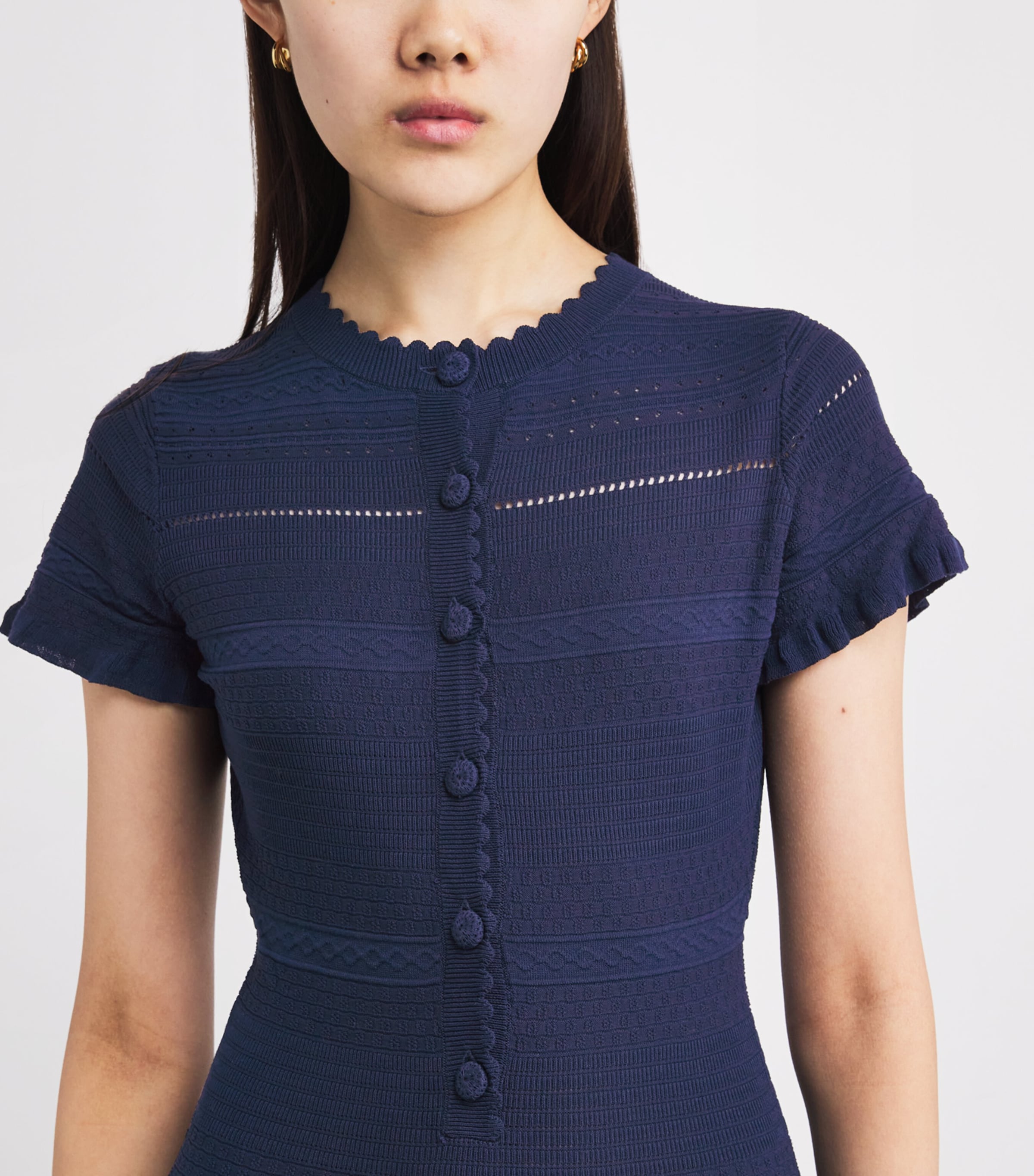 Knitted Ruffle-Detail Midi Dress NAVY Image 6