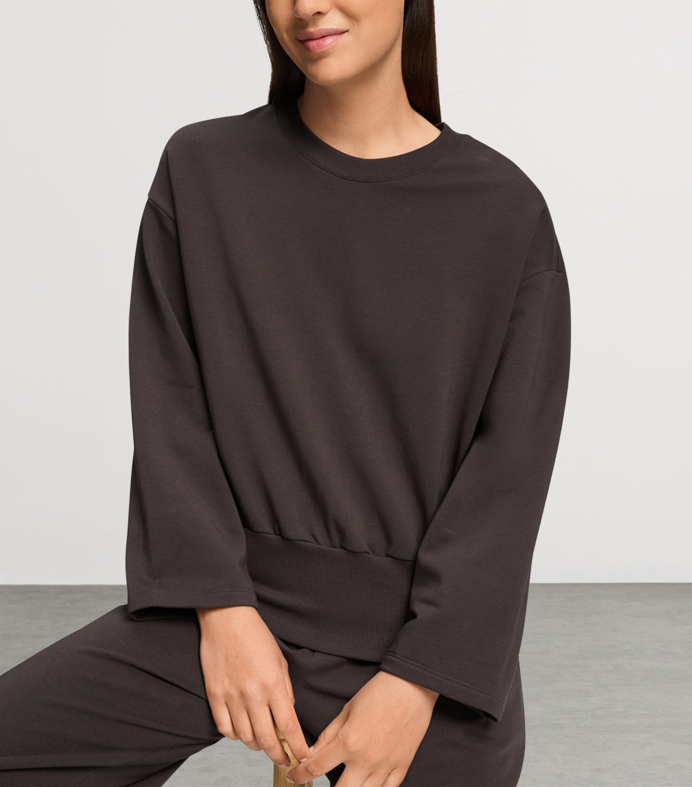 Hanro Womens Stretch-Cotton Natural Living Sweatshirt Dark Mocha Image 6