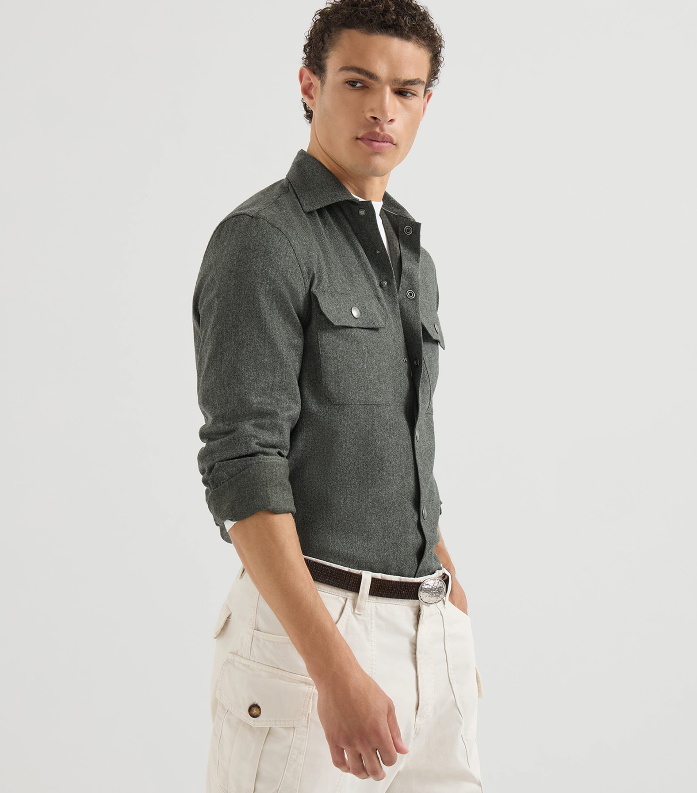 Brunello Cucinelli Mens Virgin Wool Flannel Overshirt Bosco Image 4