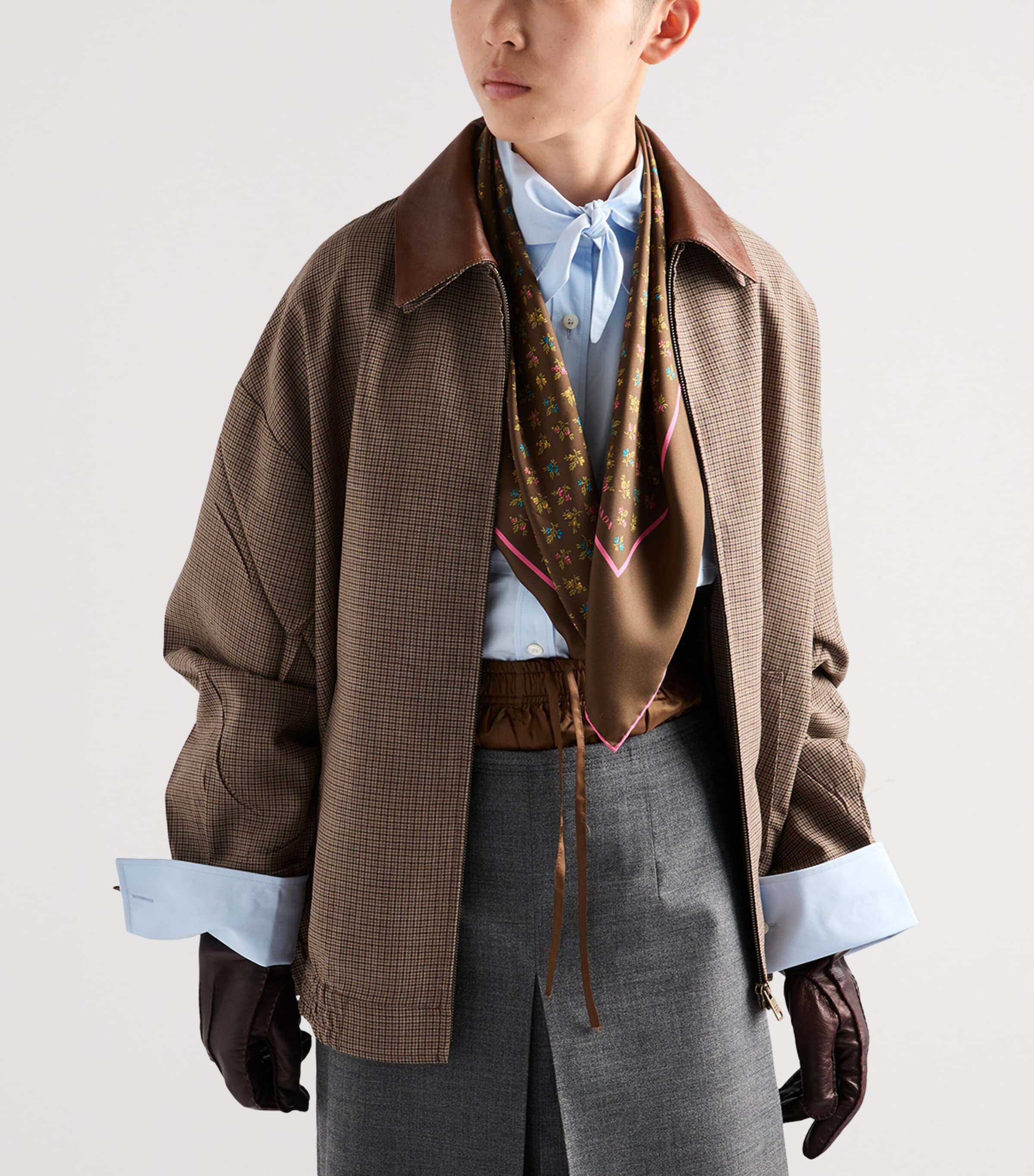 Prada Womens Wool Houndstooth Leather-Collar Jacket Brown Image 4