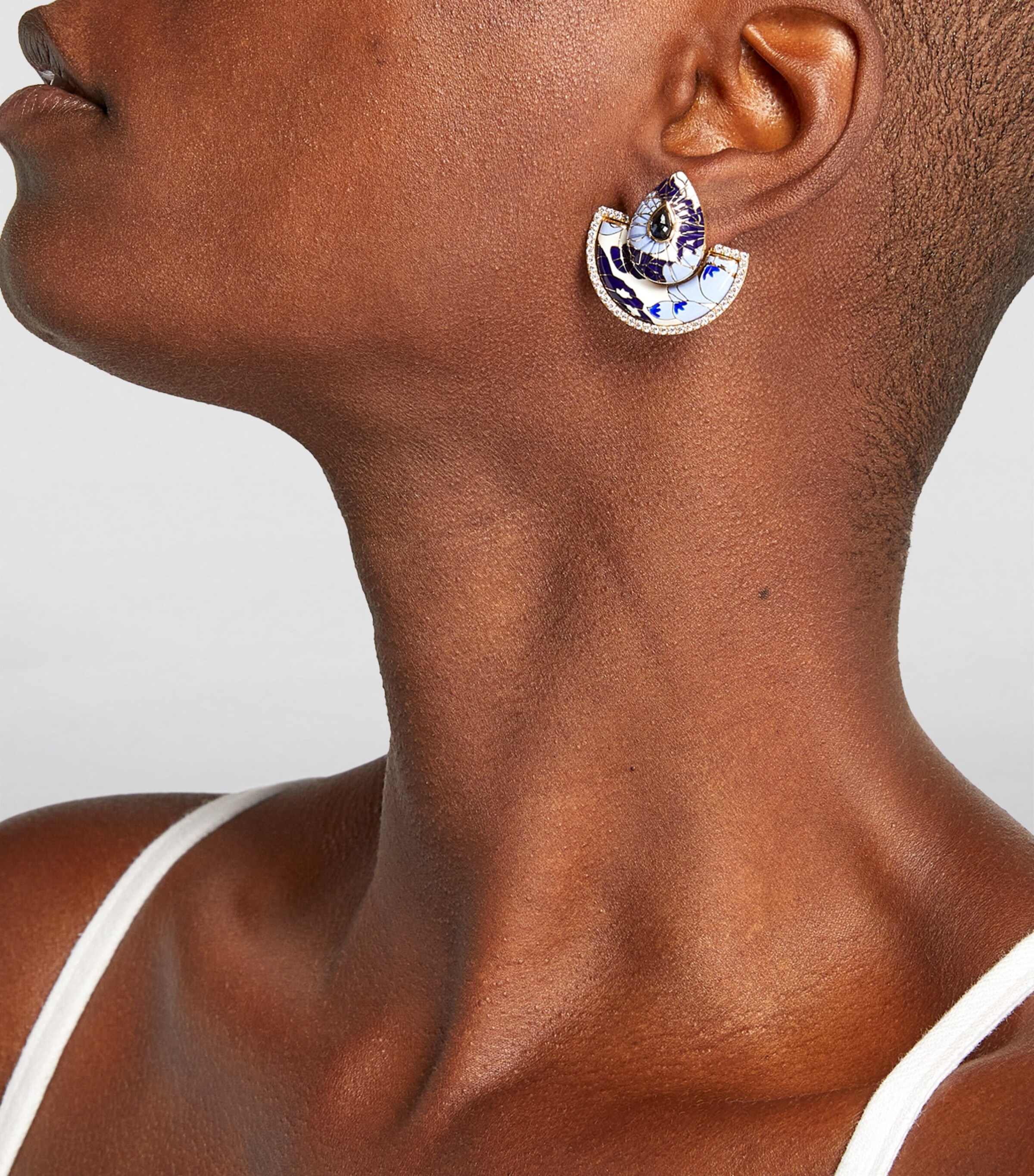 L'ATELIER NAWBAR Yellow Gold and Diamond Chinoiserie Bond Fan Earrings Blue White Image 5