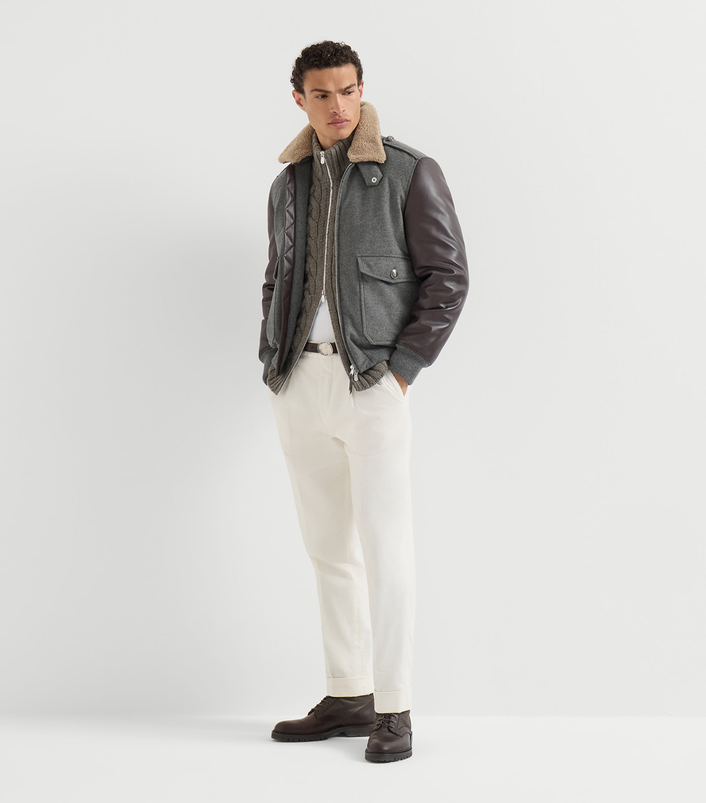Brunello Cucinelli Mens Cashmere Cable-Knit Zip-Up Cardigan Army Washed Image 3