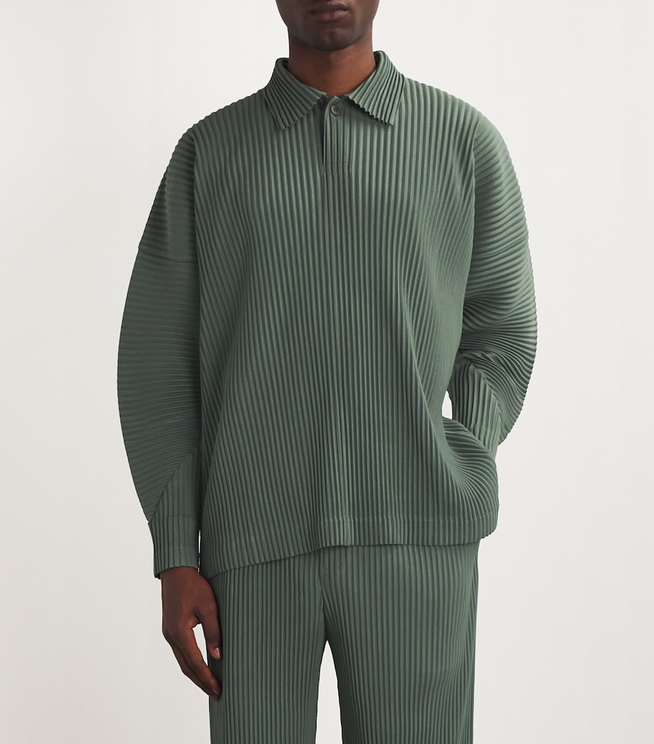 Homme Plissé Issey Miyake Mens Pleated Long-Sleeve Polo Shirt Moss Green Image 3