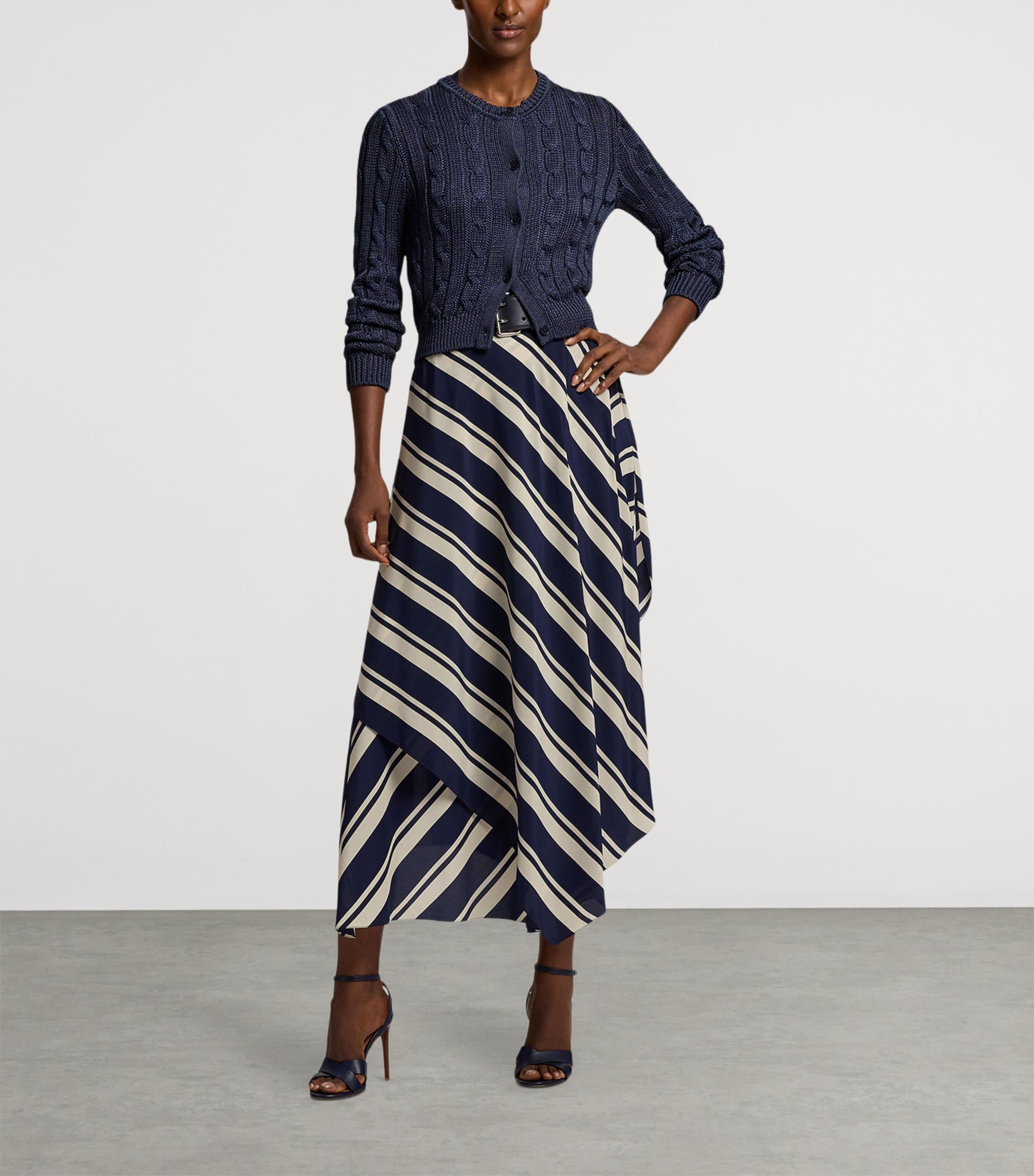 Silk Cable-Knit Cropped Cardigan NAVY-410 Image 6