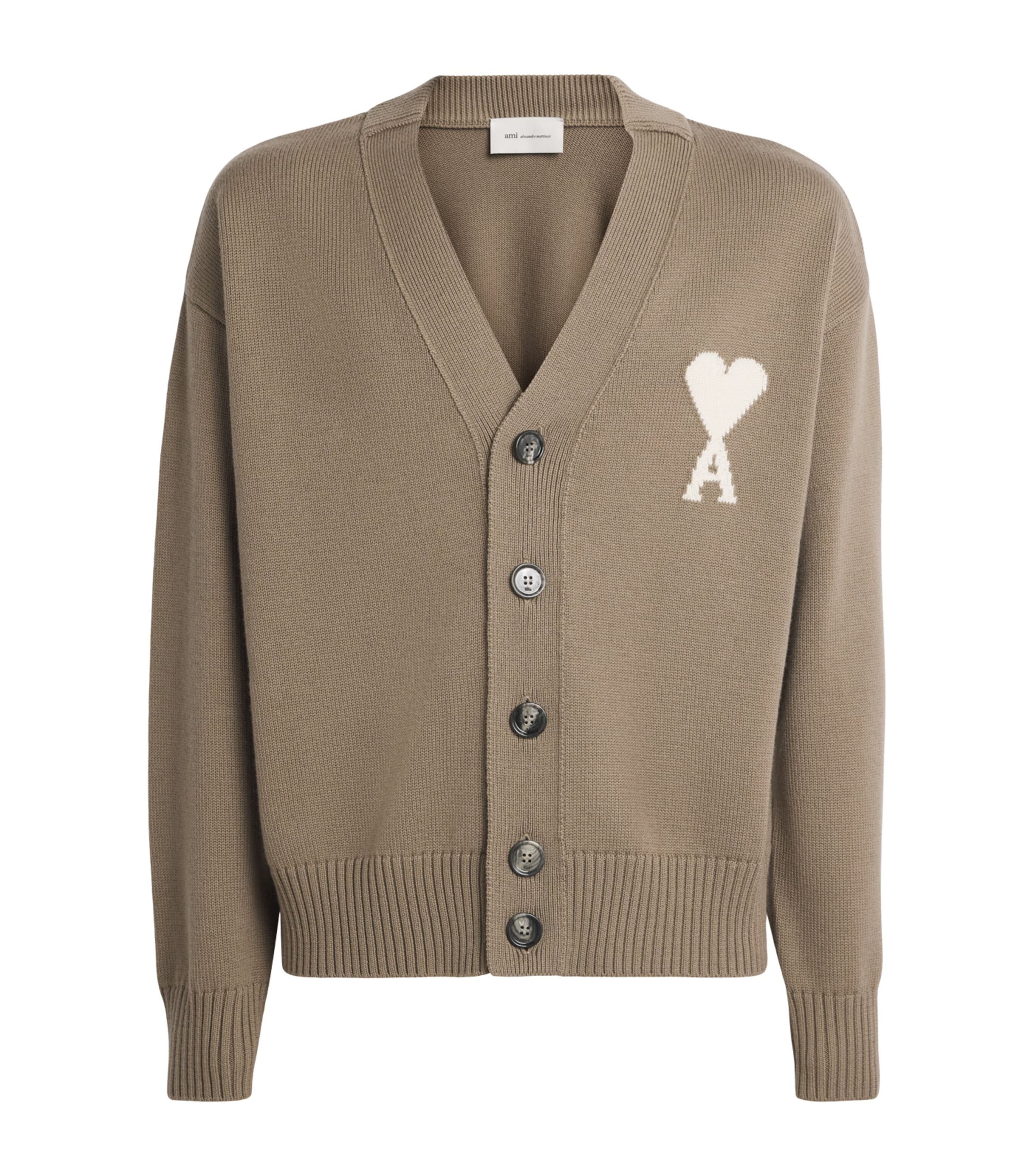 AMI Paris Mens Virgin Wool Ami de Coeur Cardigan Bge Taupe/ecru Image 1
