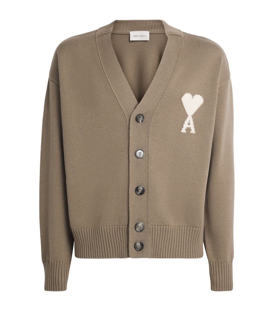 AMI Paris Mens Virgin Wool Ami de Coeur Cardigan Bge Taupe/ecru Image 1