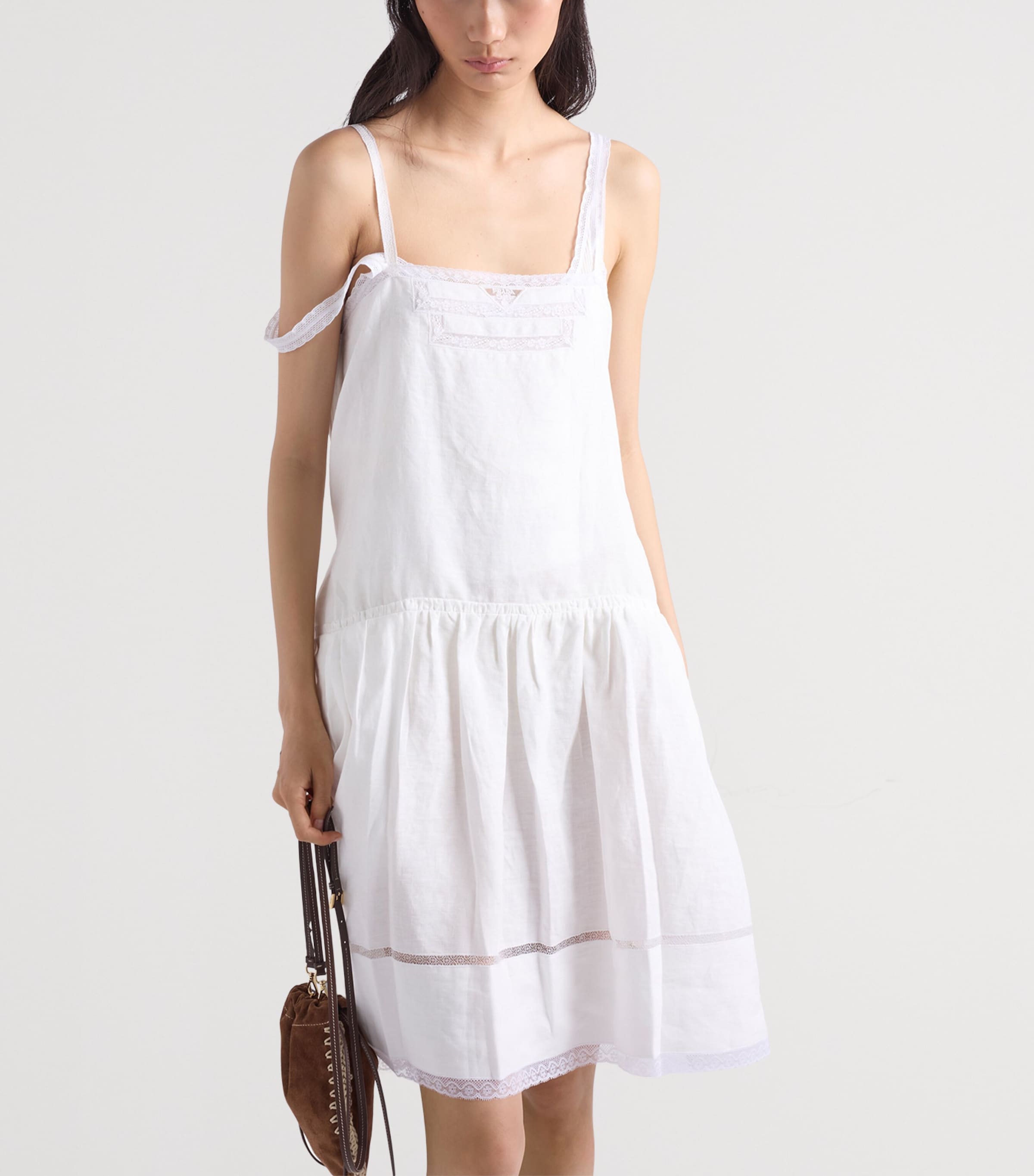 Prada Womens Linen Embroidered Mini Dress White Image 3