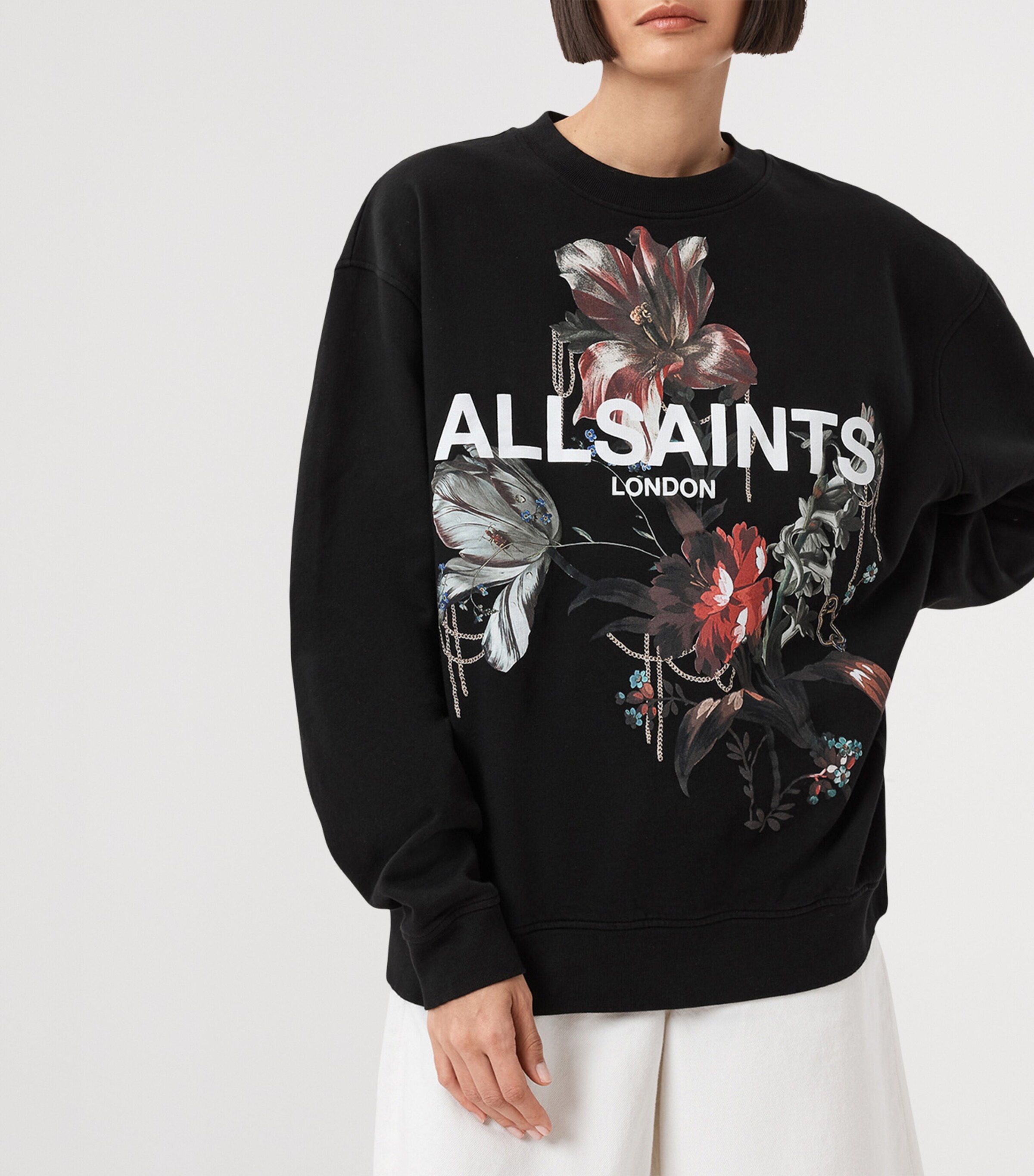 AllSaints Womens Cotton Floral Logo Etta Sweatshirt Black Image 5