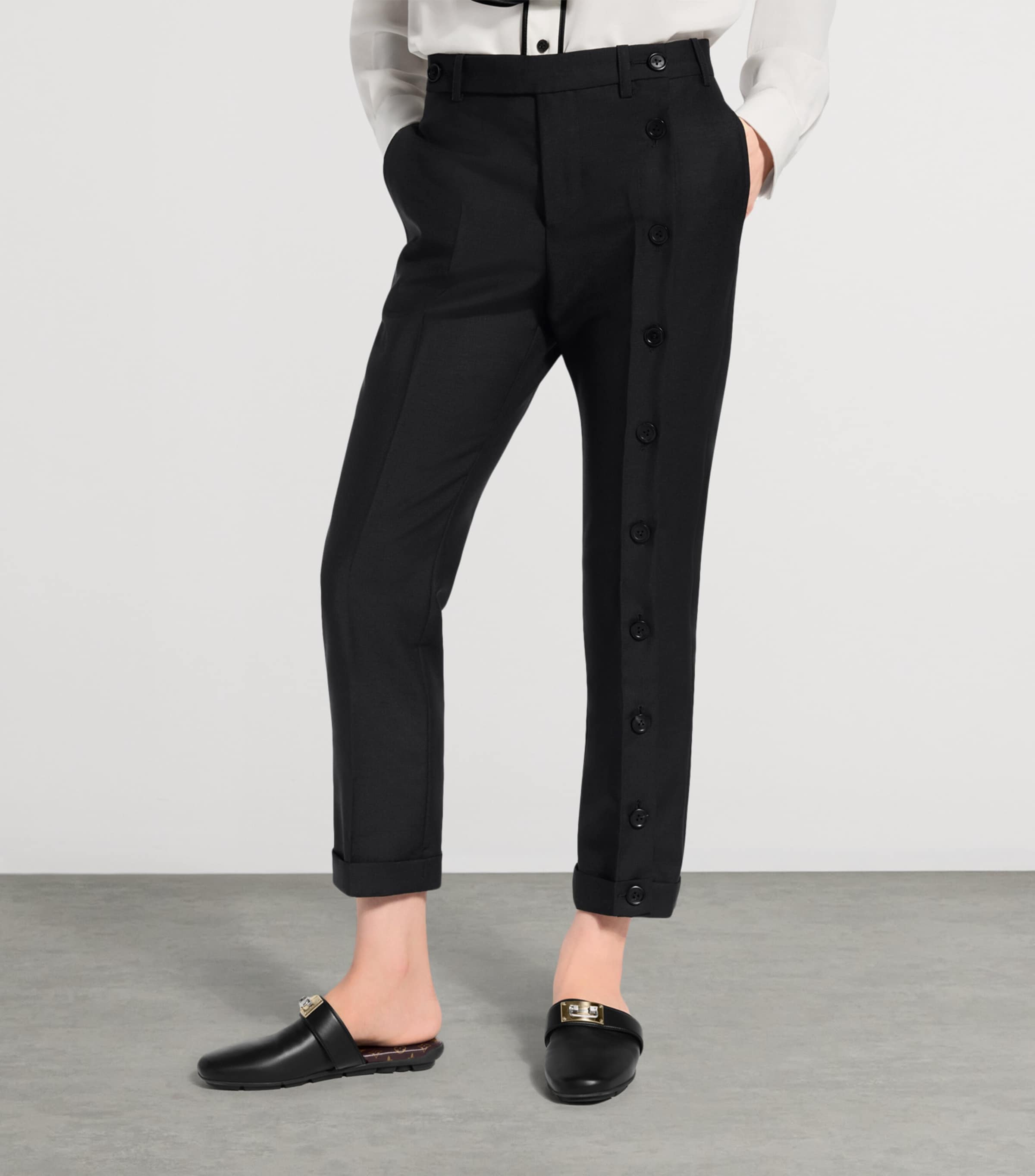 LOUIS VUITTON Womens Mohair-Wool Buttton-Leg Tailored Trousers Black Image 3