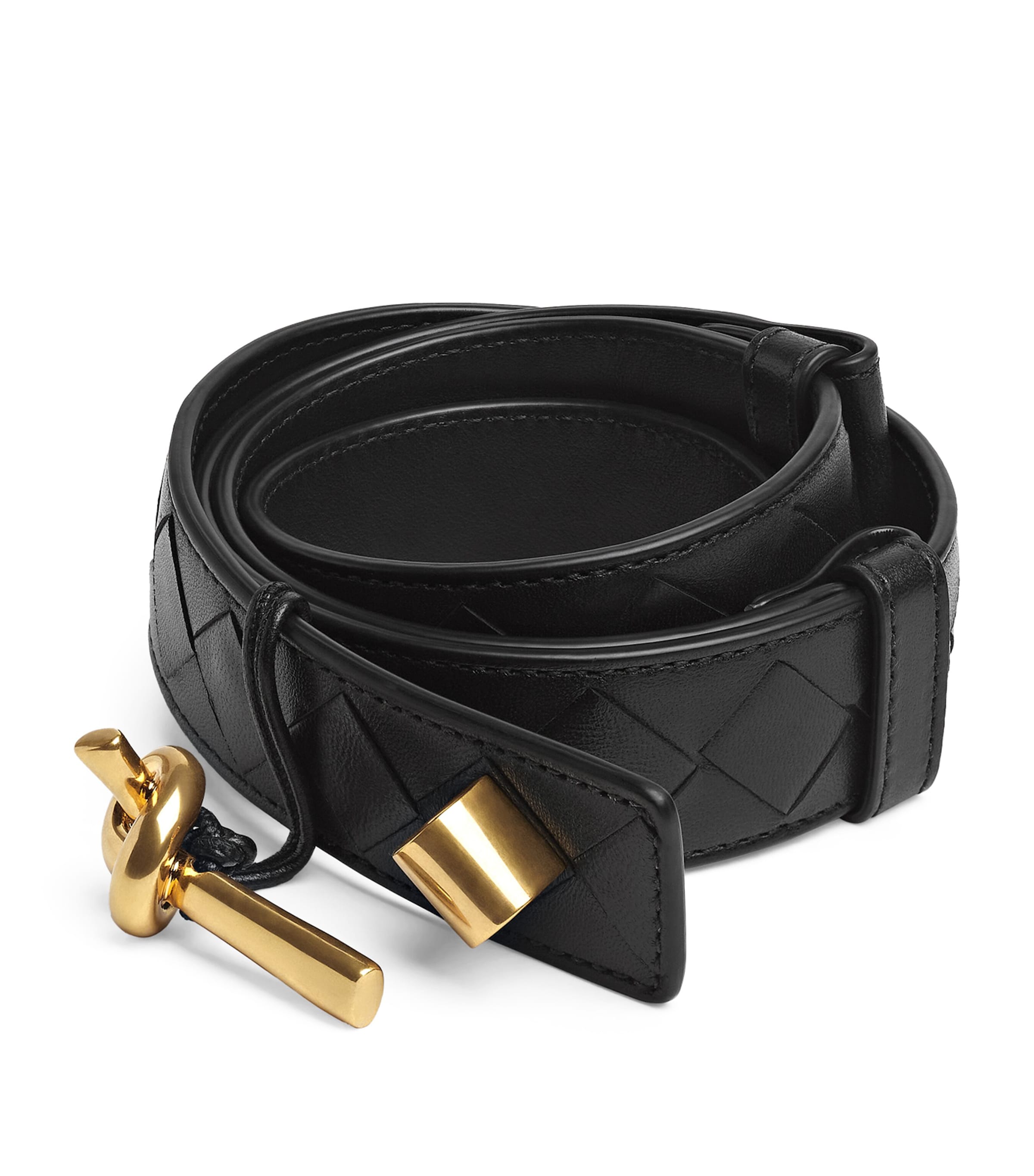 Bottega Veneta Leather Intrecciato Andiamo Belt In Black