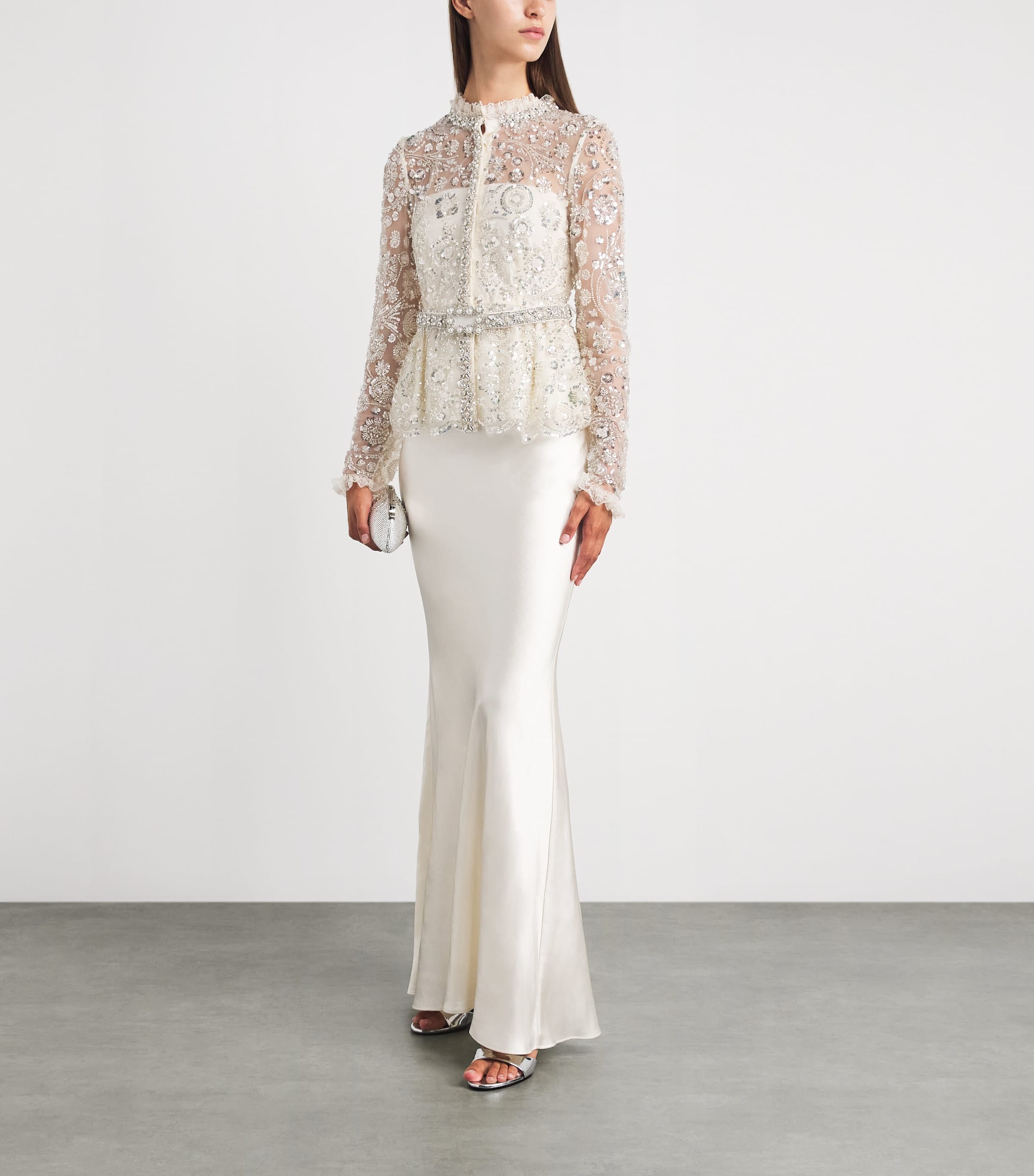 Self-Portrait Womens Satin Sequin-Embellished Gown Cream Image 2