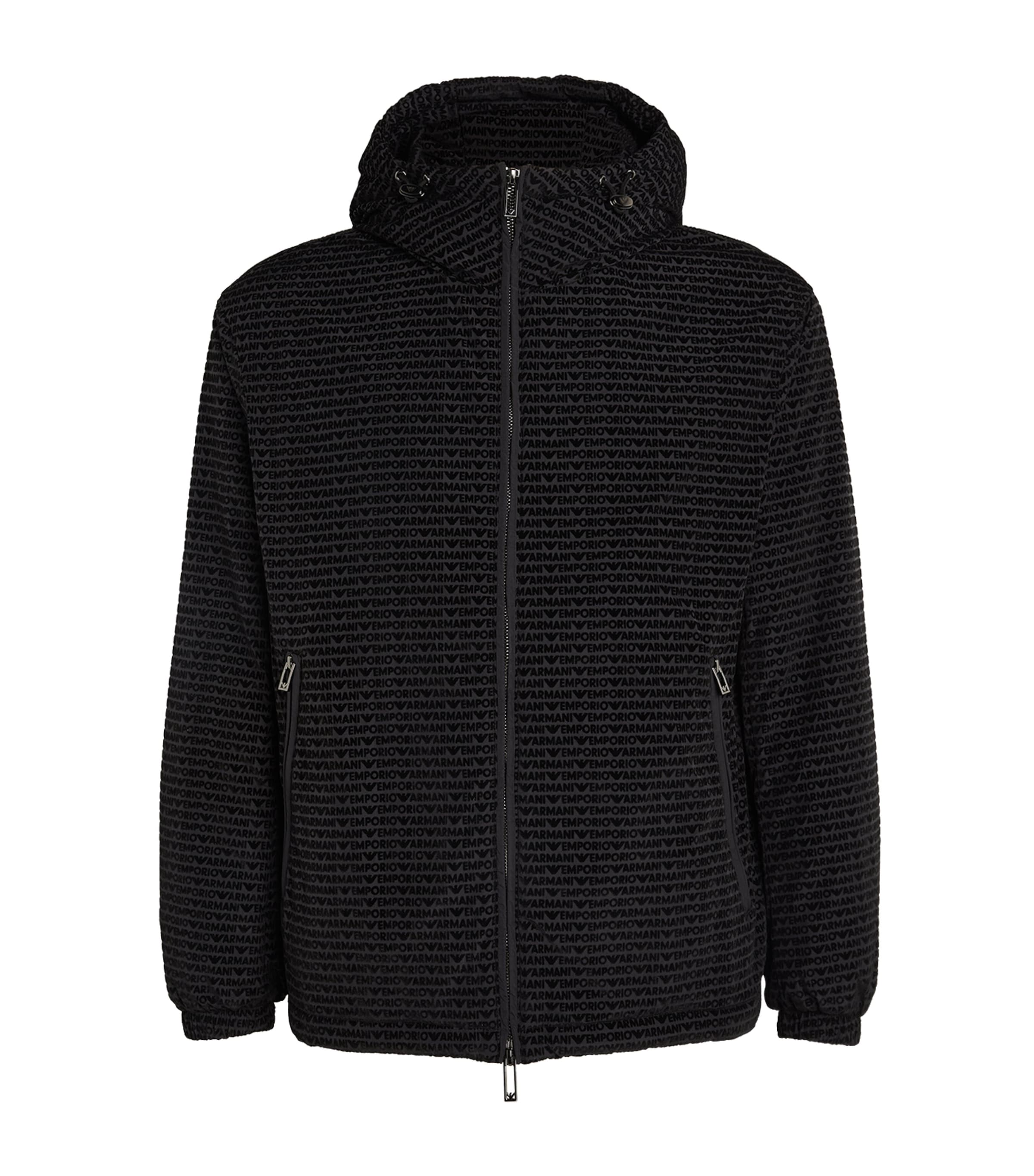 Emporio Armani Velvet Monogram Hooded Jacket In Black