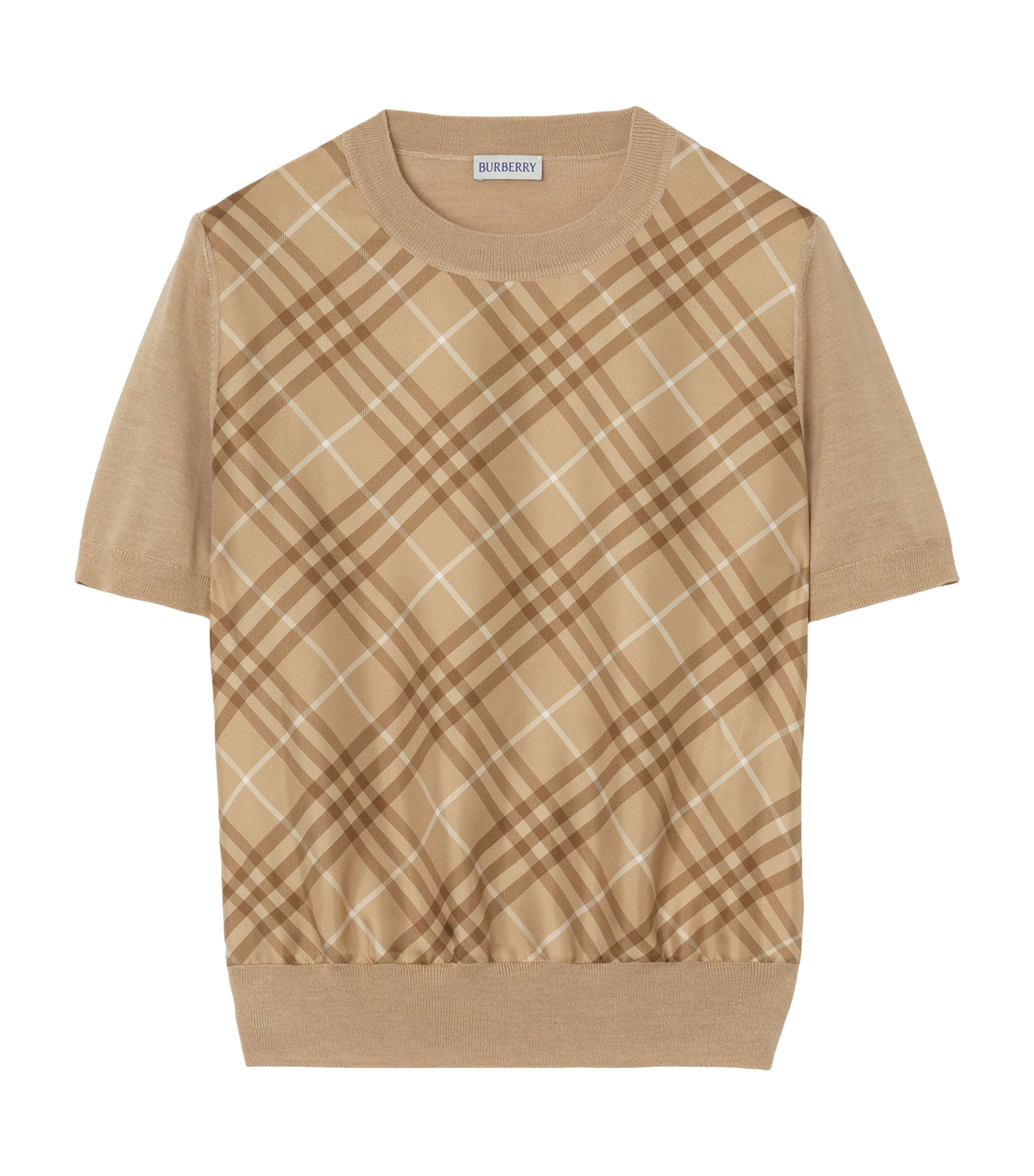 Burberry Womens Wool-Silk Check Panel T-Shirt Camel Image 1