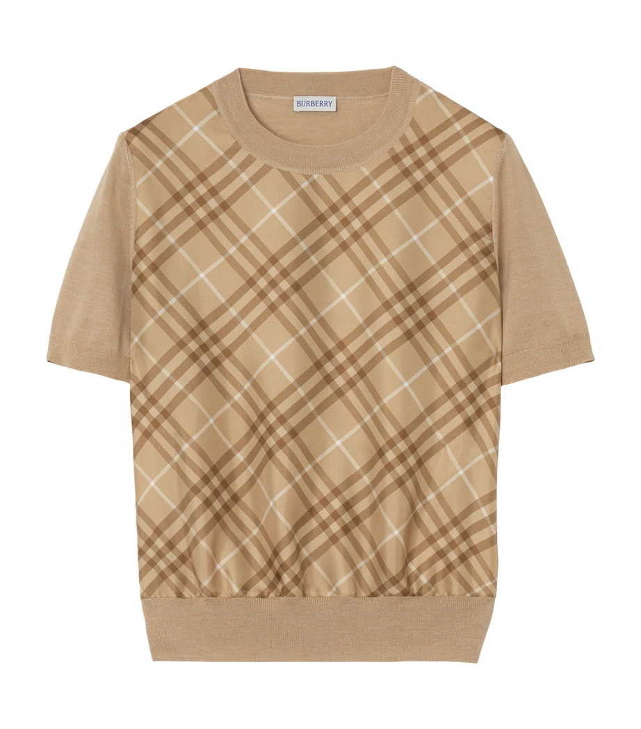 Burberry Womens Wool-Silk Check Panel T-Shirt Camel Image 1
