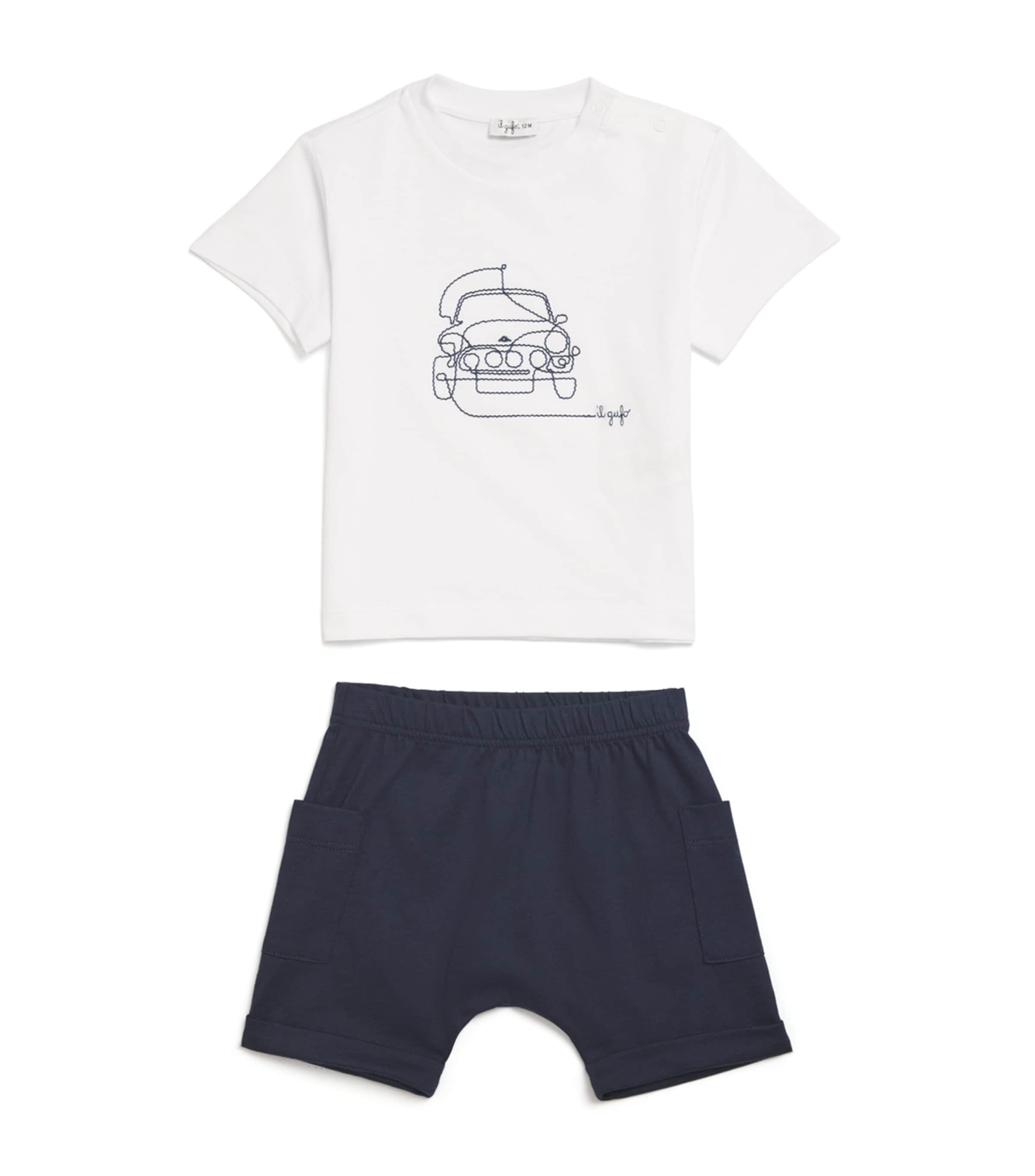 Il Gufo Cotton Car T-shirt And Shorts Set In Blue