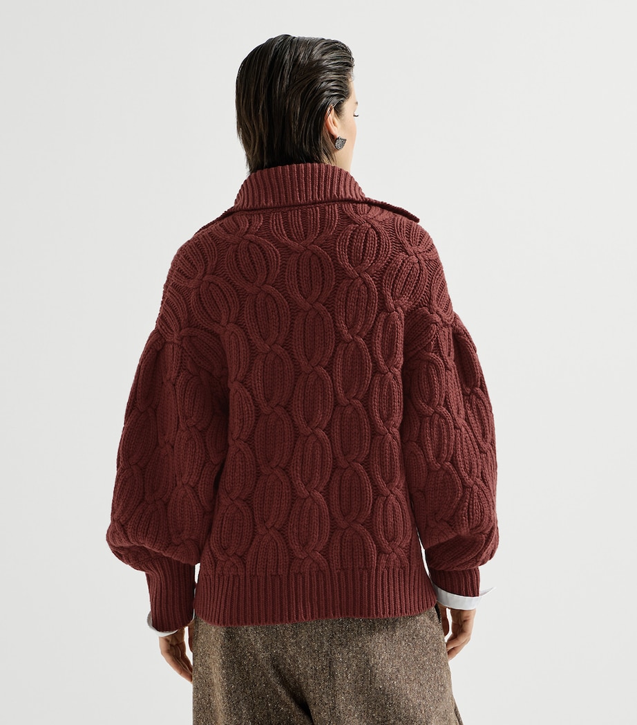 Brunello Cucinelli Womens Cashmere Cable-Knit Heritage Cardigan Red Bean Image 3