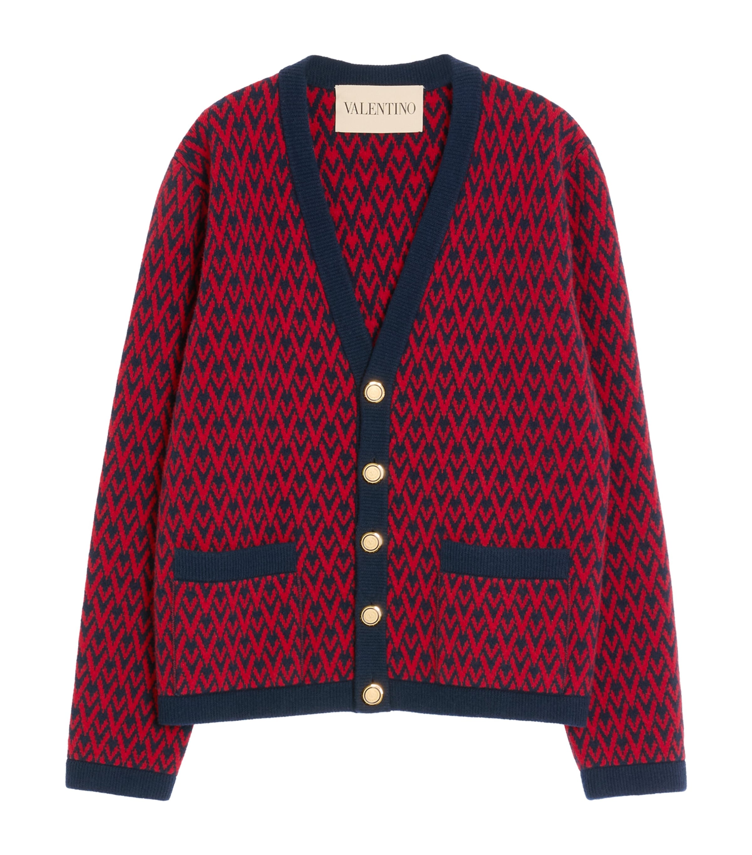 Valentino Garavani Patterned-intarsia Wool Cardigan In Red