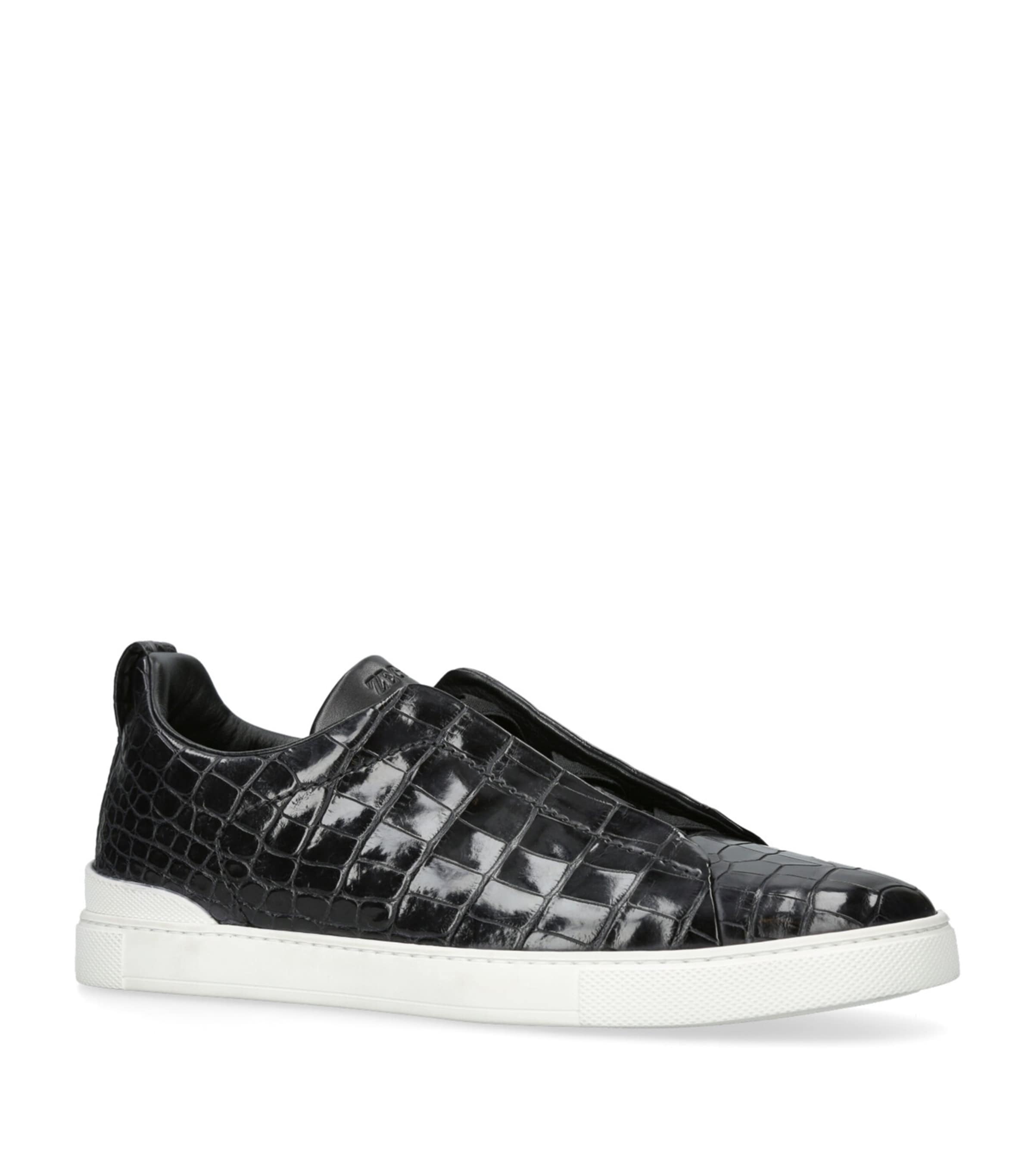 Zegna Crocodile Leather Triple Stitch Sneakers Black Image 3